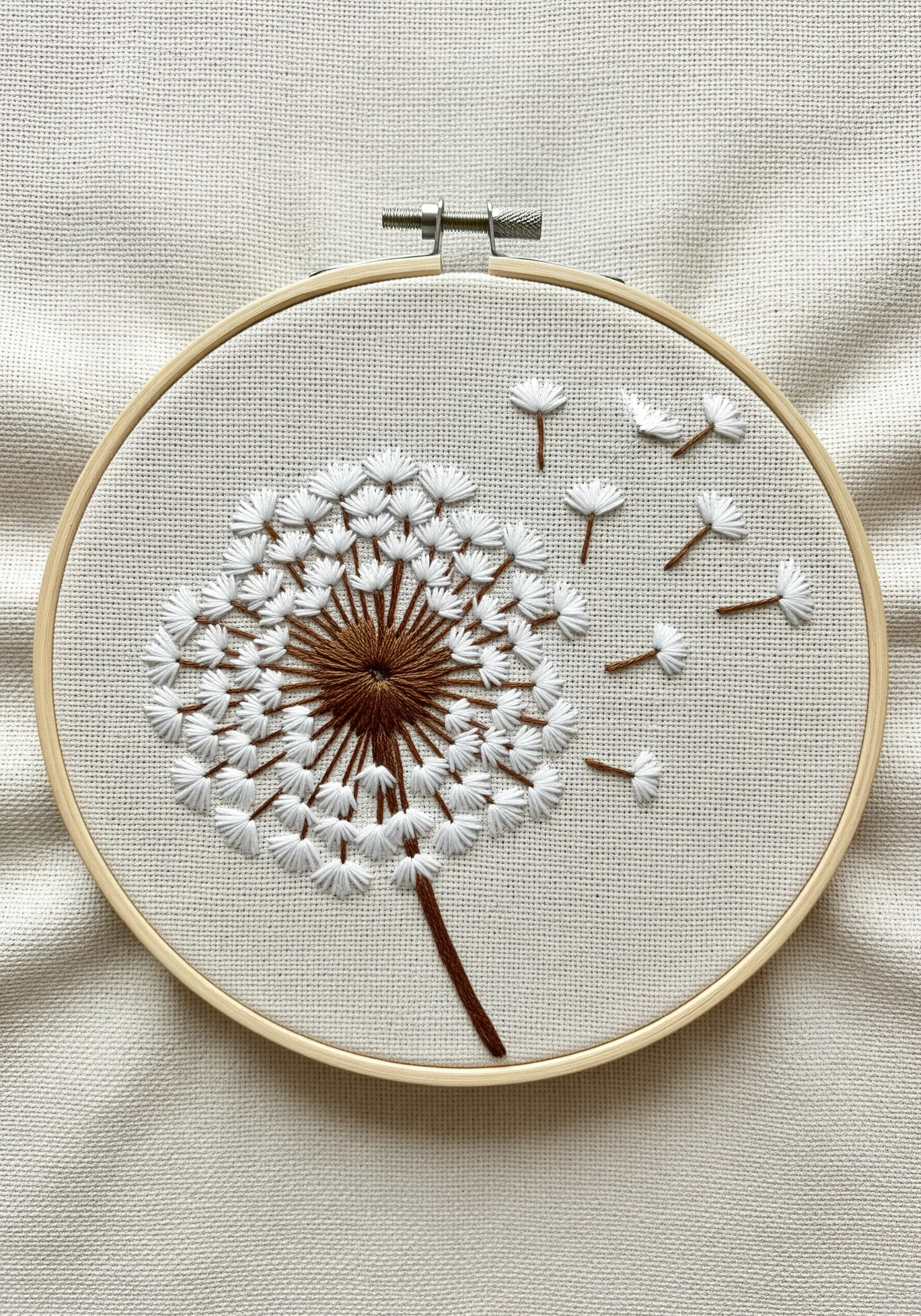 Embroidered dandelion with white fluffy seeds blowing in the wind.