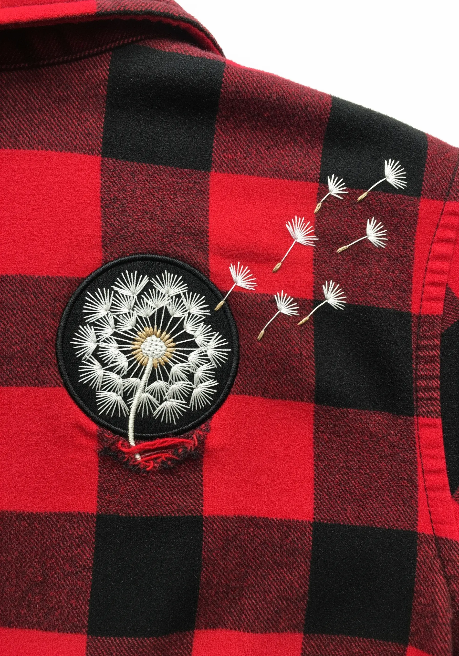 Embroidered dandelion patch on a red and black flannel shirt, with seeds blowing across the fabric.