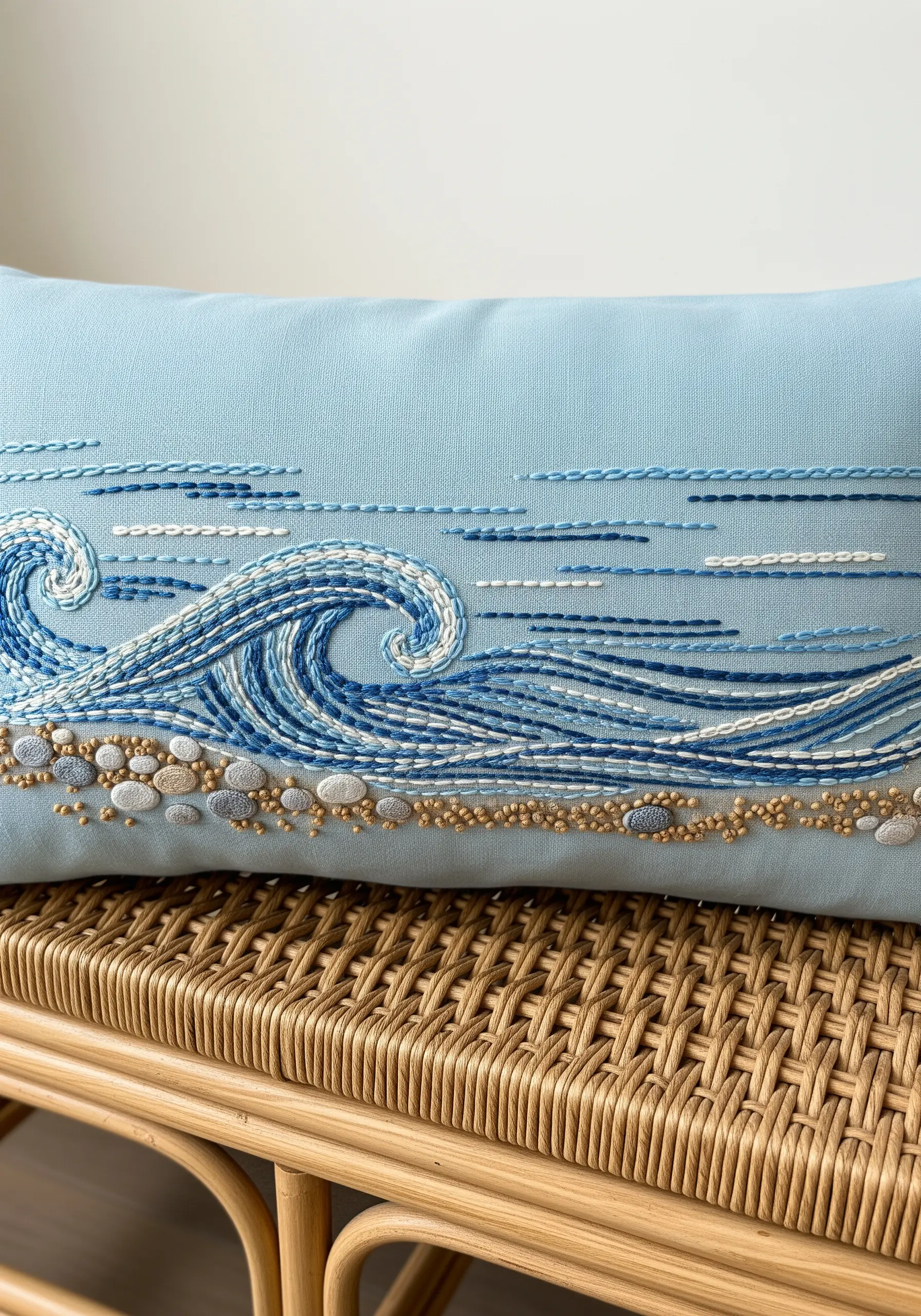 Embroidered ocean waves on a light blue pillow using various linear stitches and French knots.