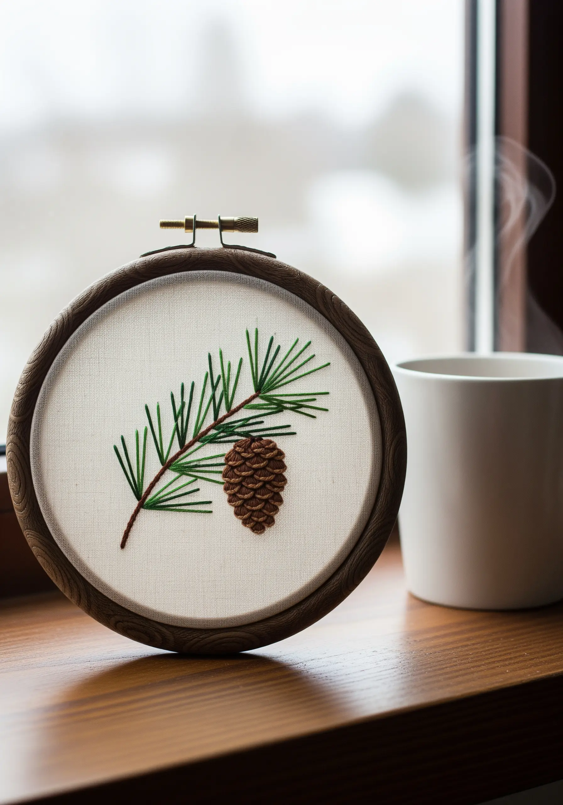 Embroidery of a pine branch with a small pinecone, stitched on off-white fabric.