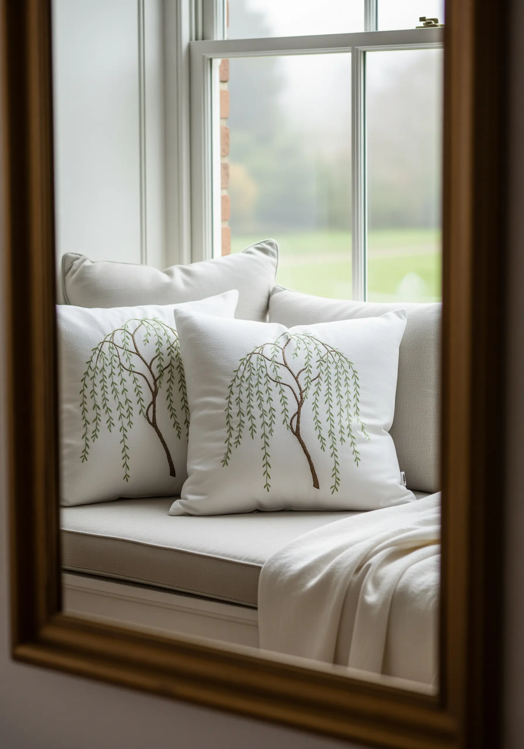 Embroidered weeping willow tree with delicate, cascading green leaves on a white pillow.