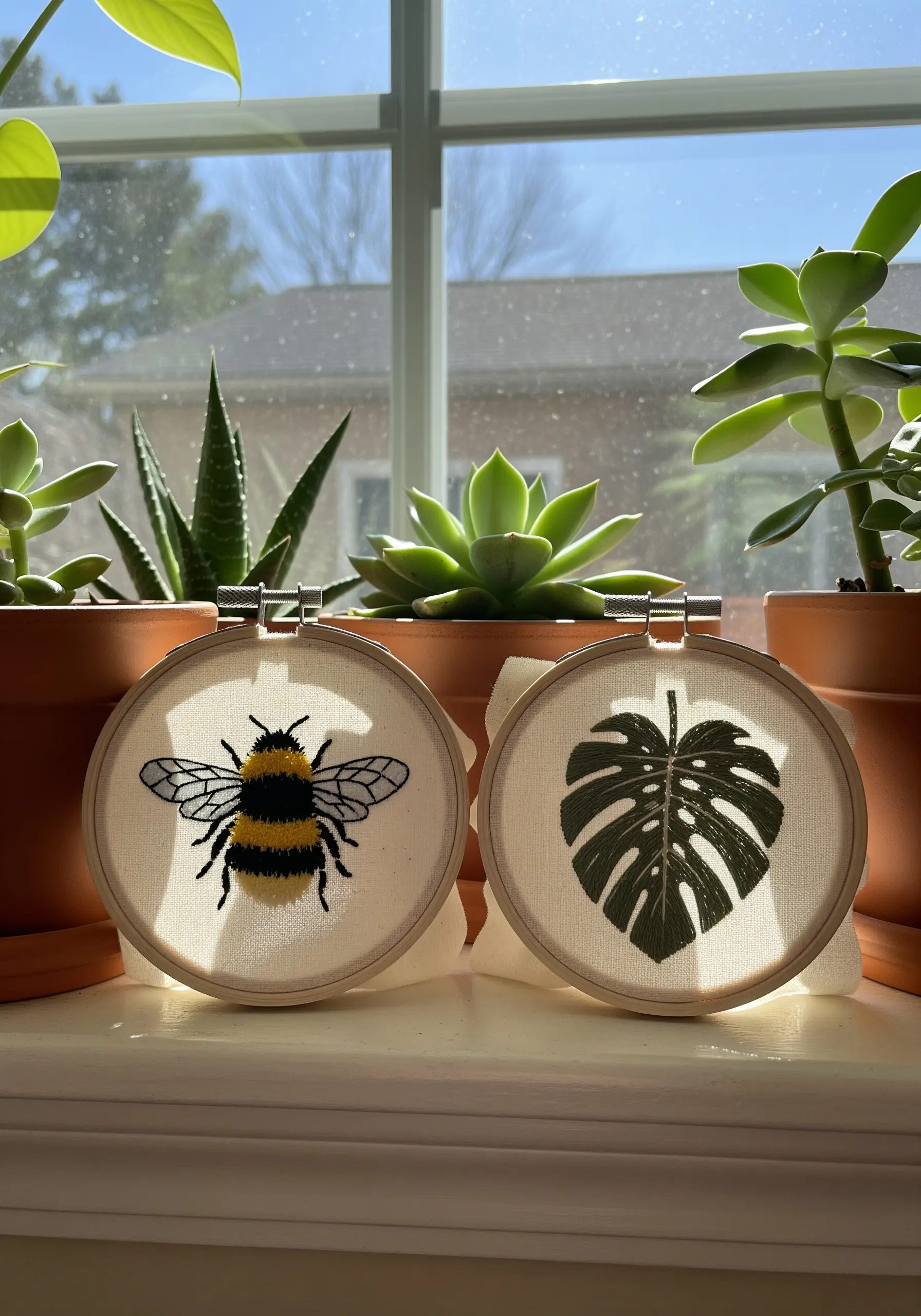 Two embroidery hoops, one of a bee and one of a monstera leaf, backlit by a window.