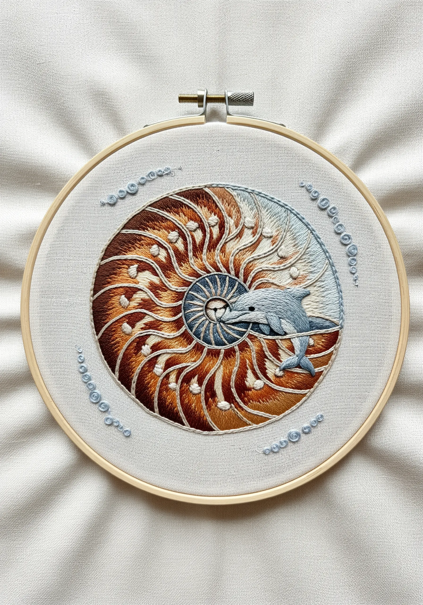 A dolphin swims beside an embroidered nautilus shell with intricate brown and white patterns.
