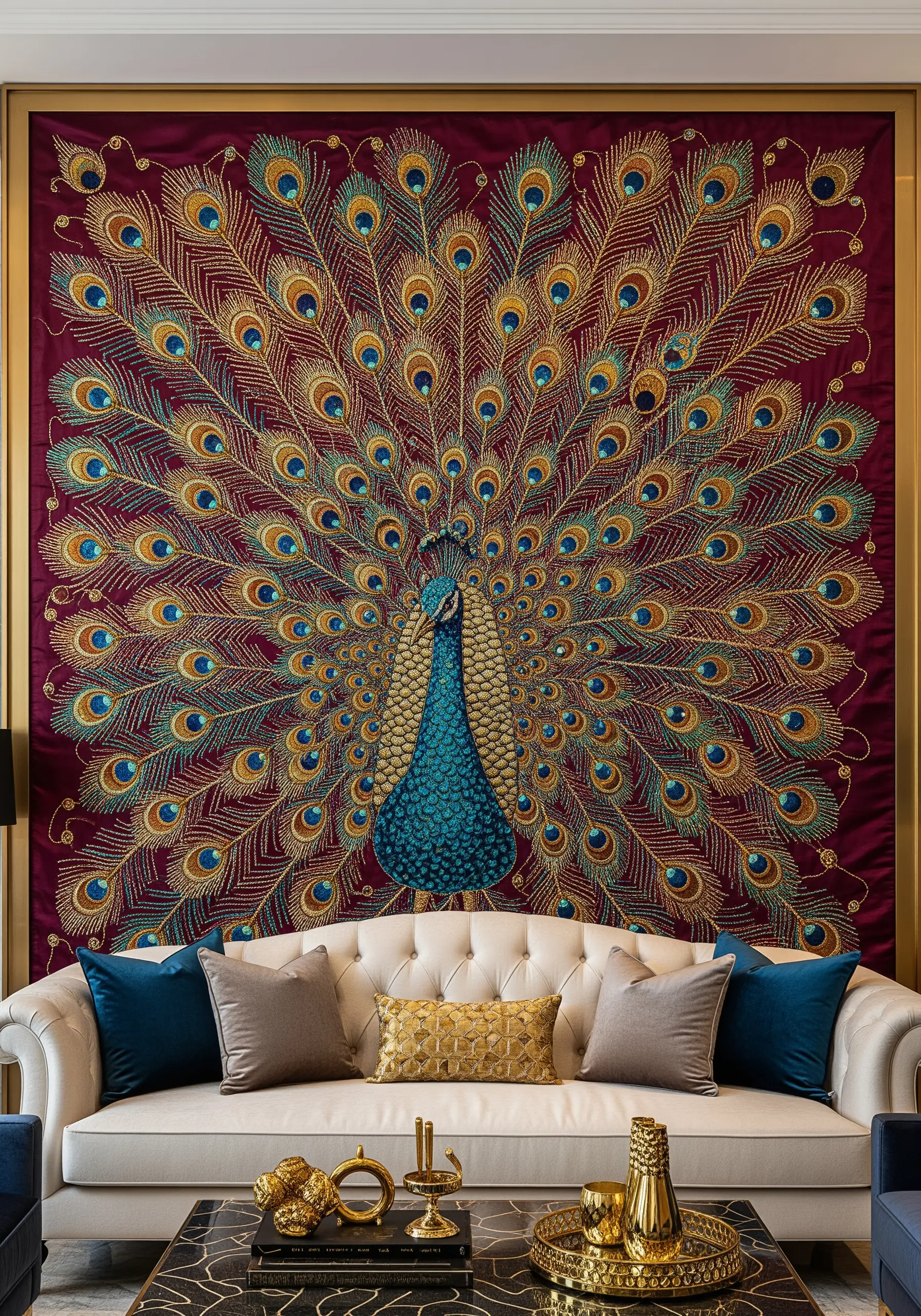 An ornate, large-scale embroidered peacock with metallic threads on a burgundy fabric wall hanging.