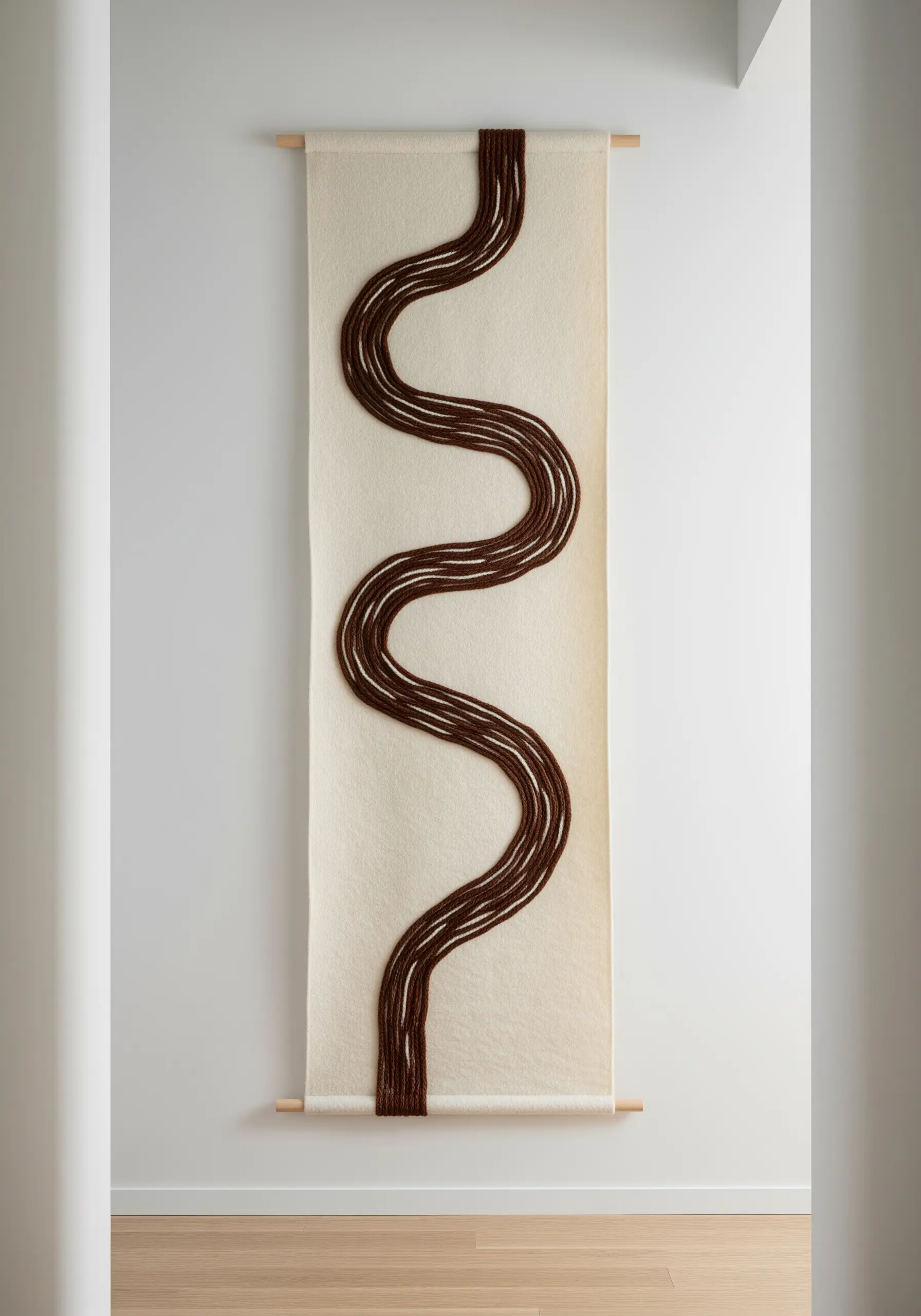 A tall, narrow wall hanging with a single, thick, meandering brown line.