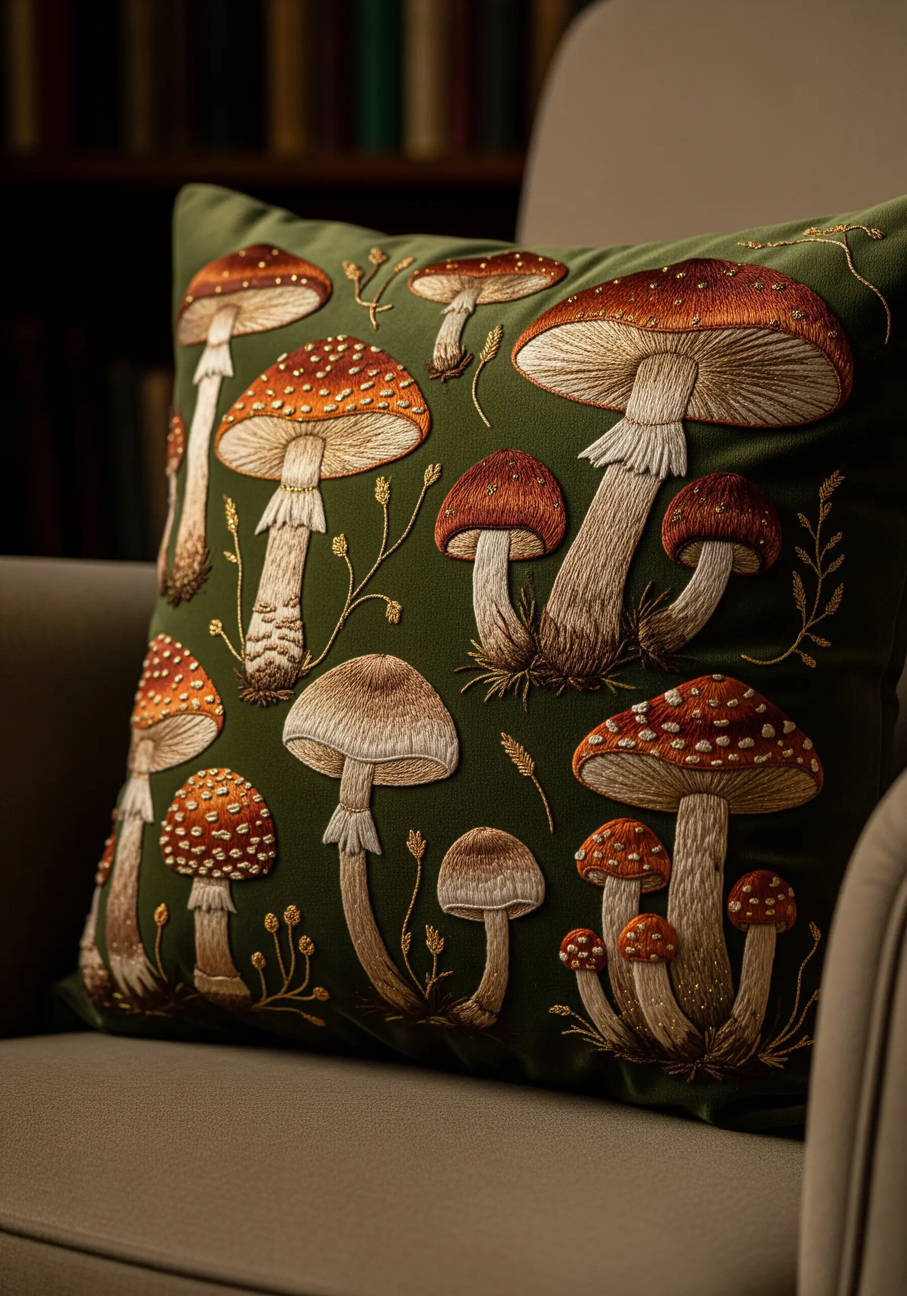 A variety of embroidered mushrooms with detailed textures on a dark green pillow.