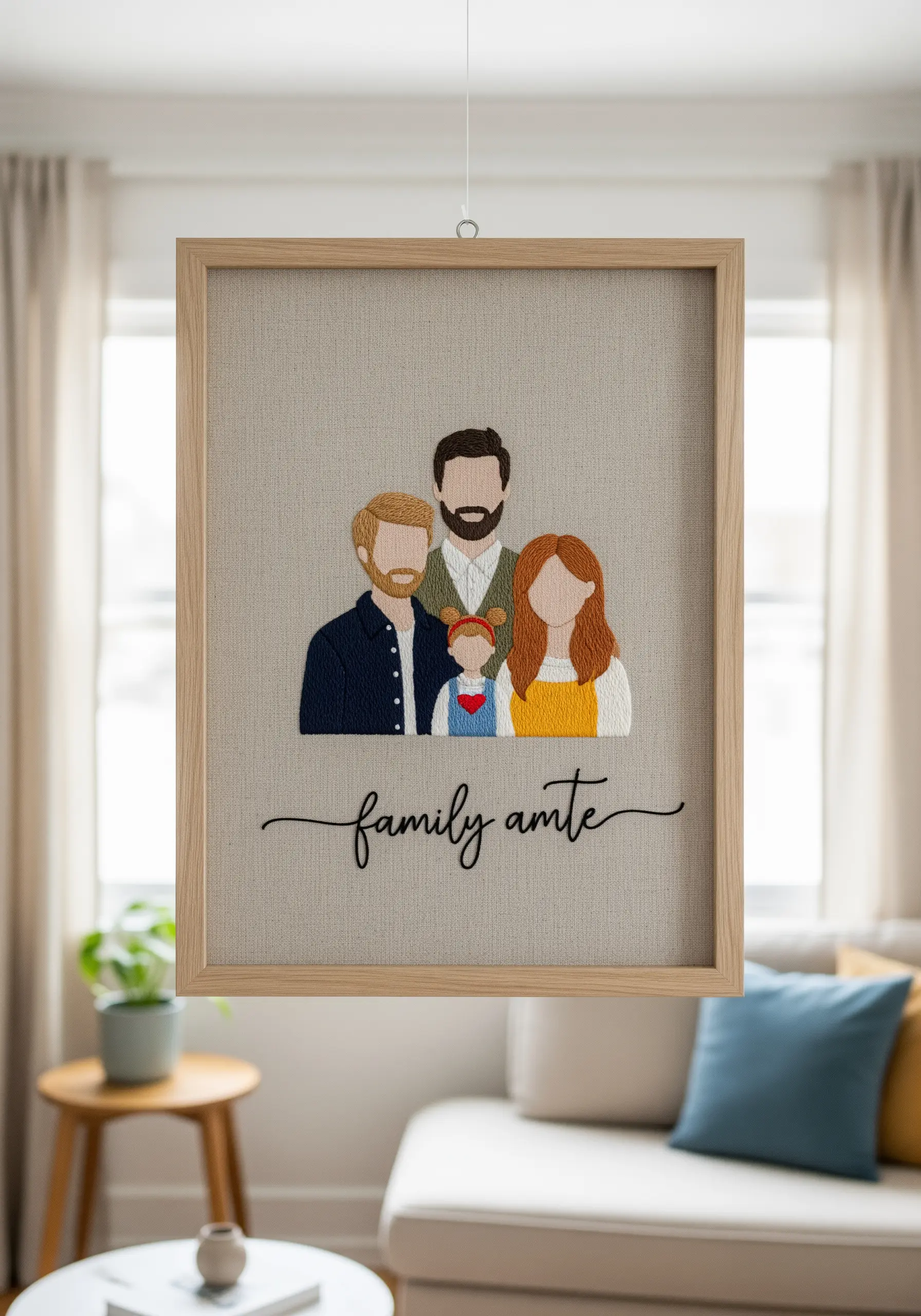 A minimalist embroidered family portrait with no facial features, framed and hanging.