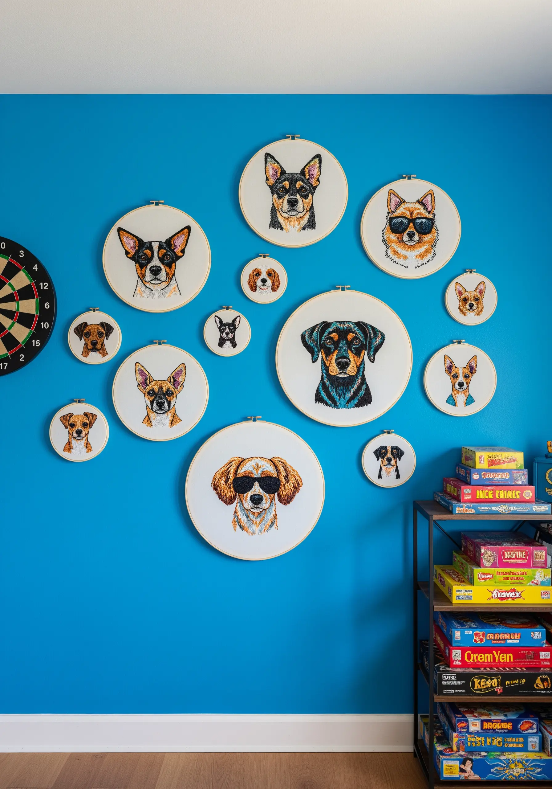 A gallery wall on a blue background with multiple embroidered portraits of different dogs.