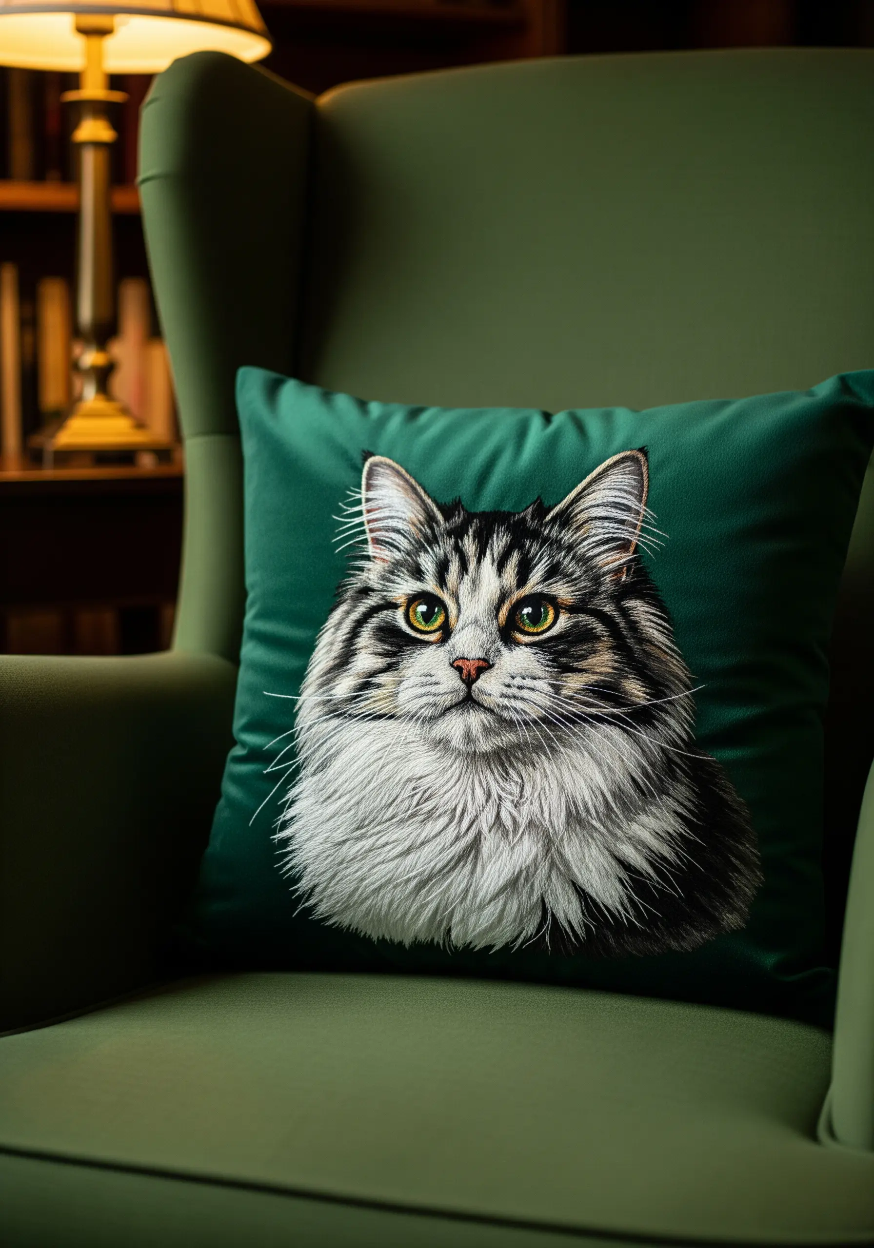 Realistic embroidered portrait of a long-haired cat on a green velvet pillow.