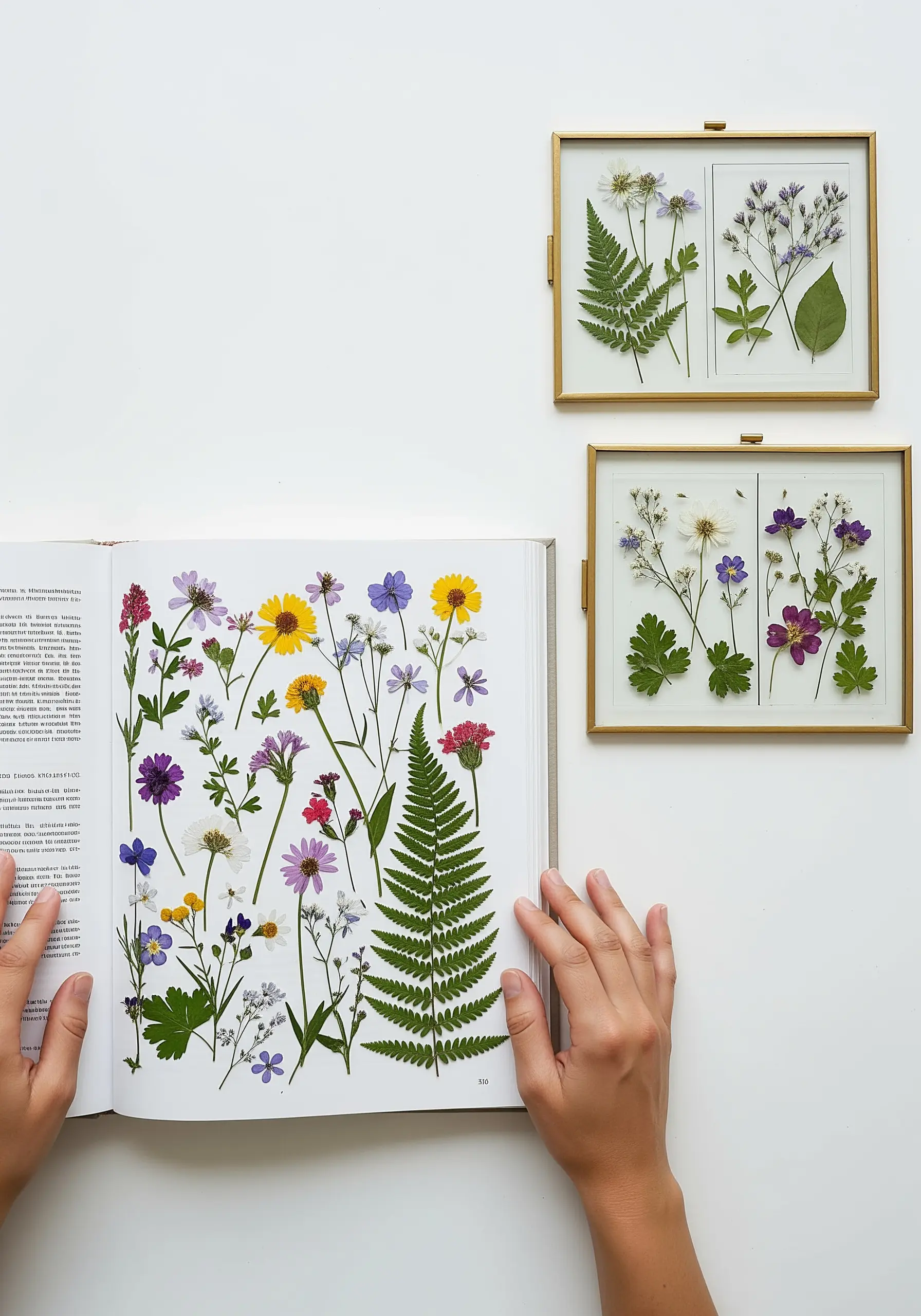 A collection of pressed flowers in a book and framed in two floating glass frames.