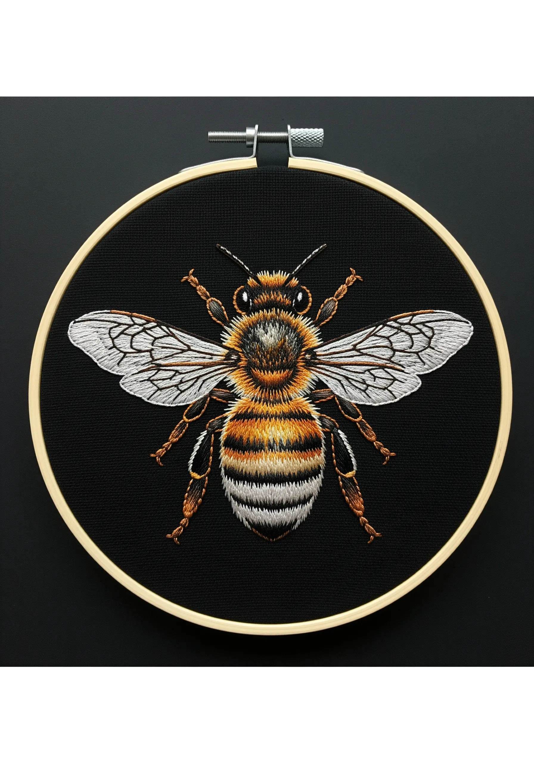 A highly realistic, thread-painted bee embroidered on black fabric in a hoop.