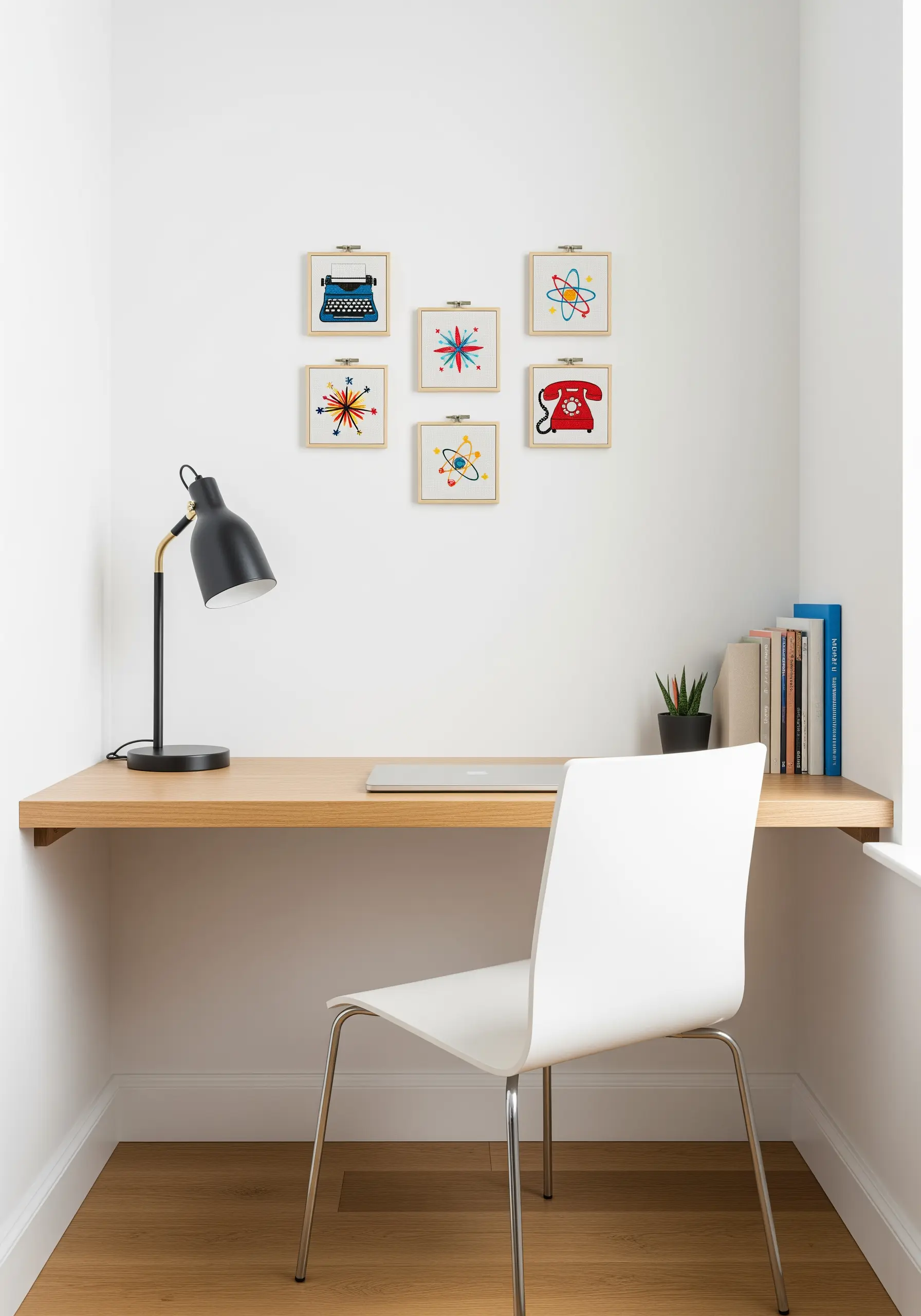 A set of six small embroidery hoops featuring retro objects like a typewriter and an atom symbol