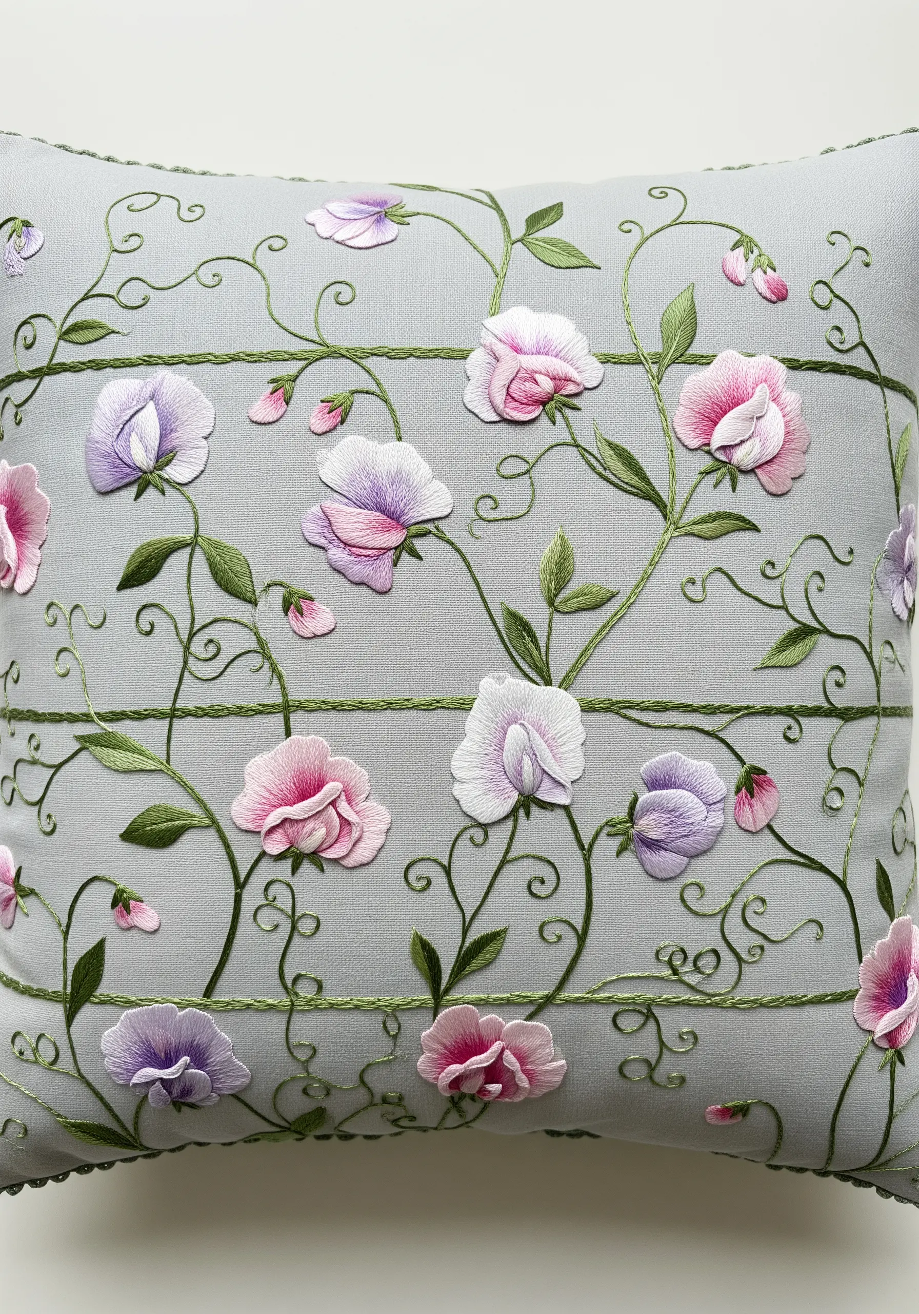 Delicate, thread-painted sweet pea flowers in pink and purple on a grey pillow.