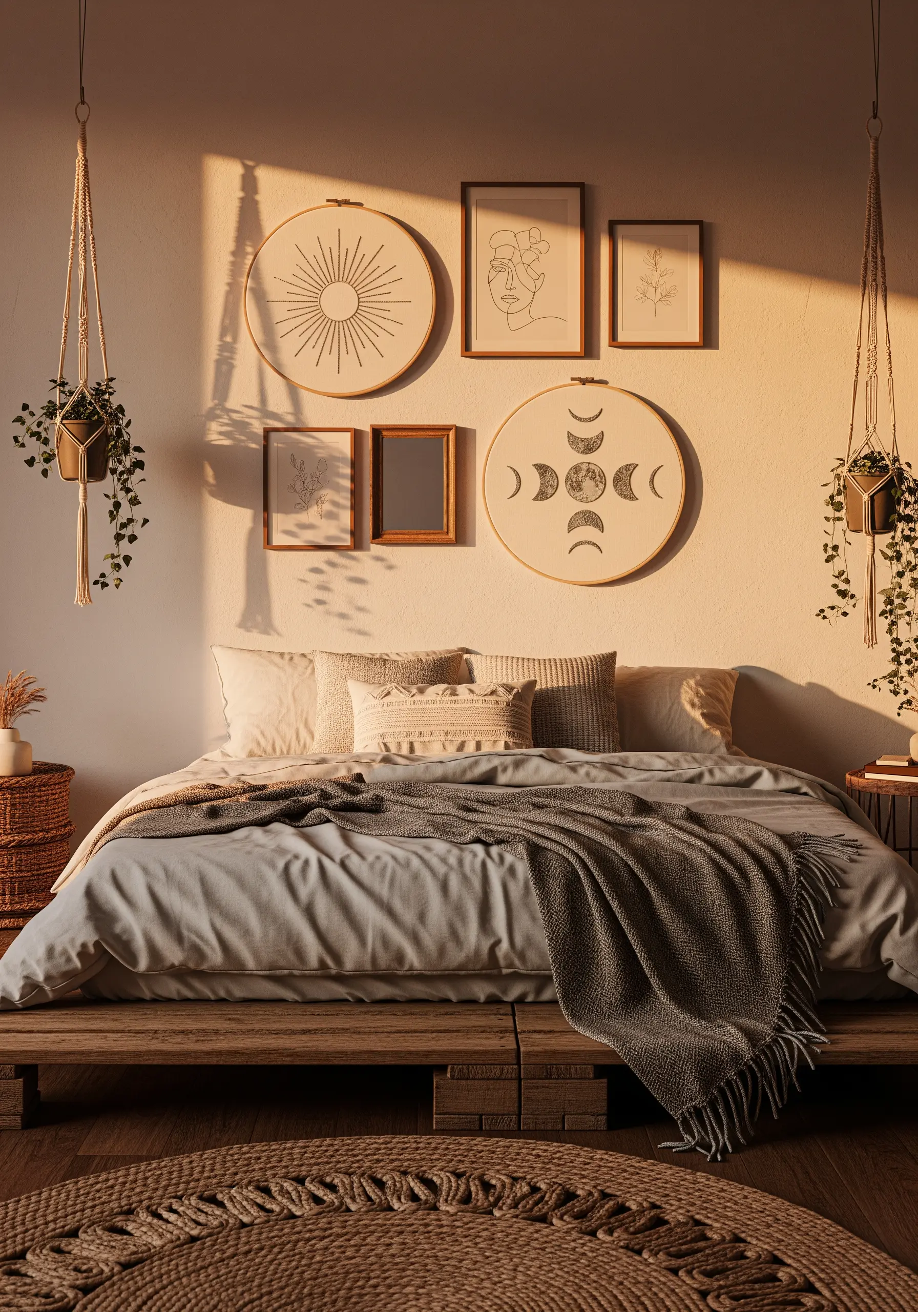 A gallery wall with minimalist line art embroidery, including a sunburst and moon phases.