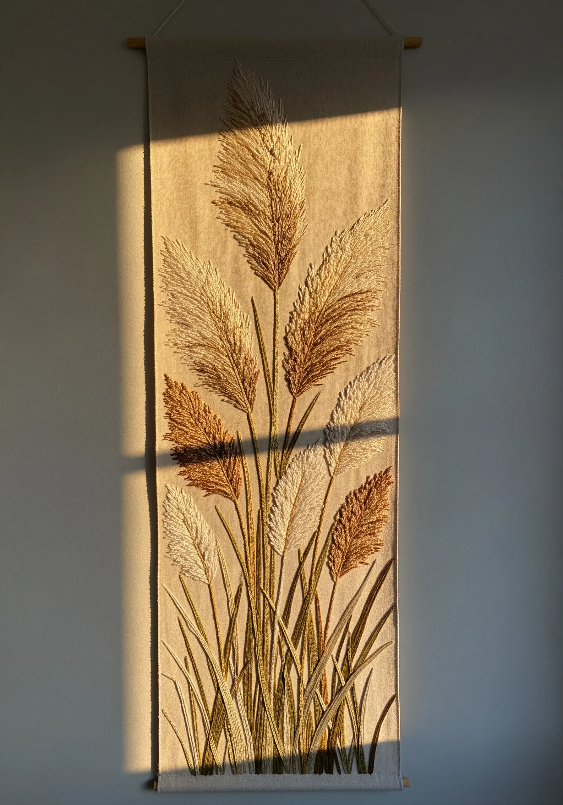 Large wall tapestry with embroidered pampas grass in neutral tones catching the sunlight.