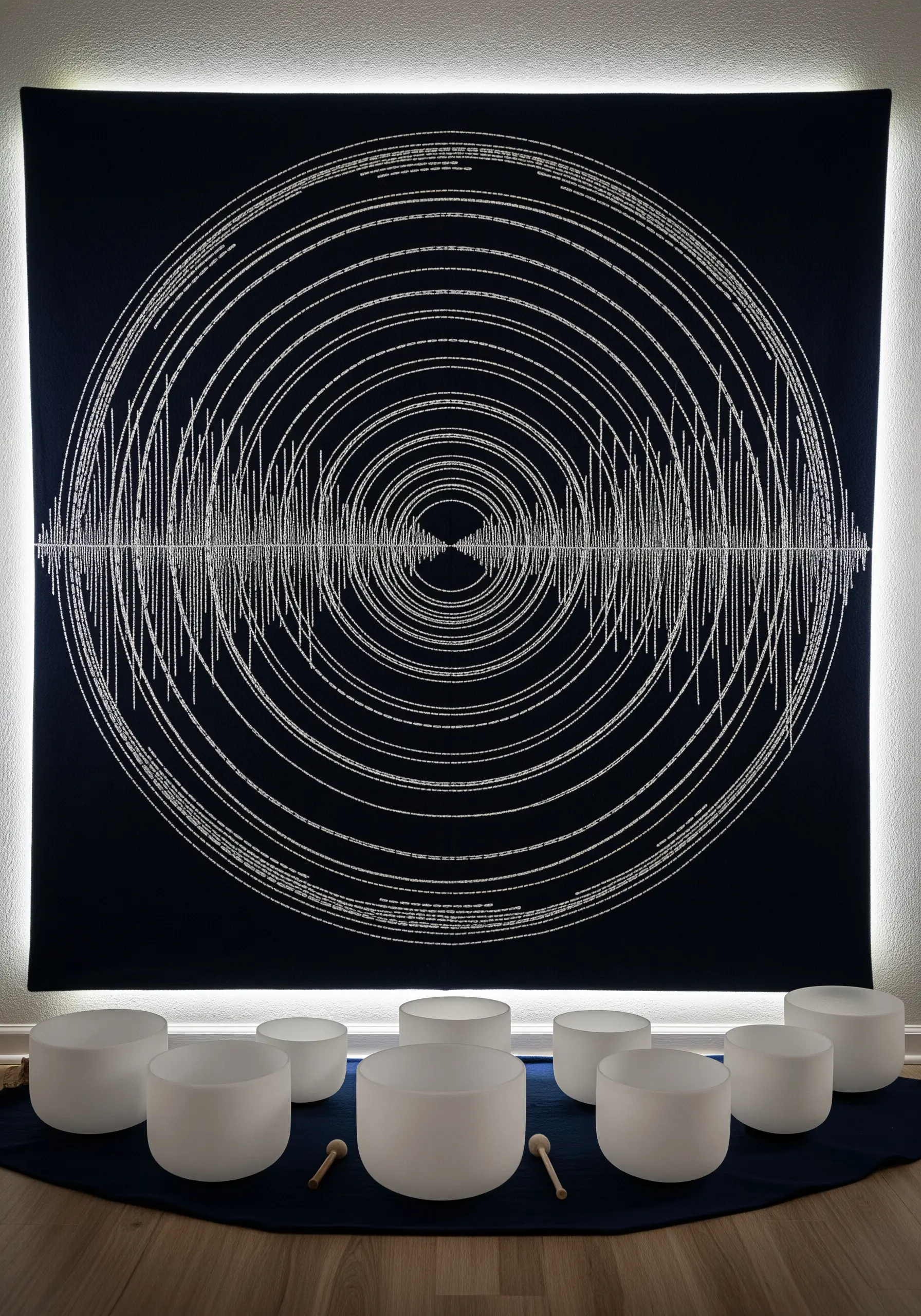 A large black tapestry with a white embroidered sound wave pattern forming a circle.