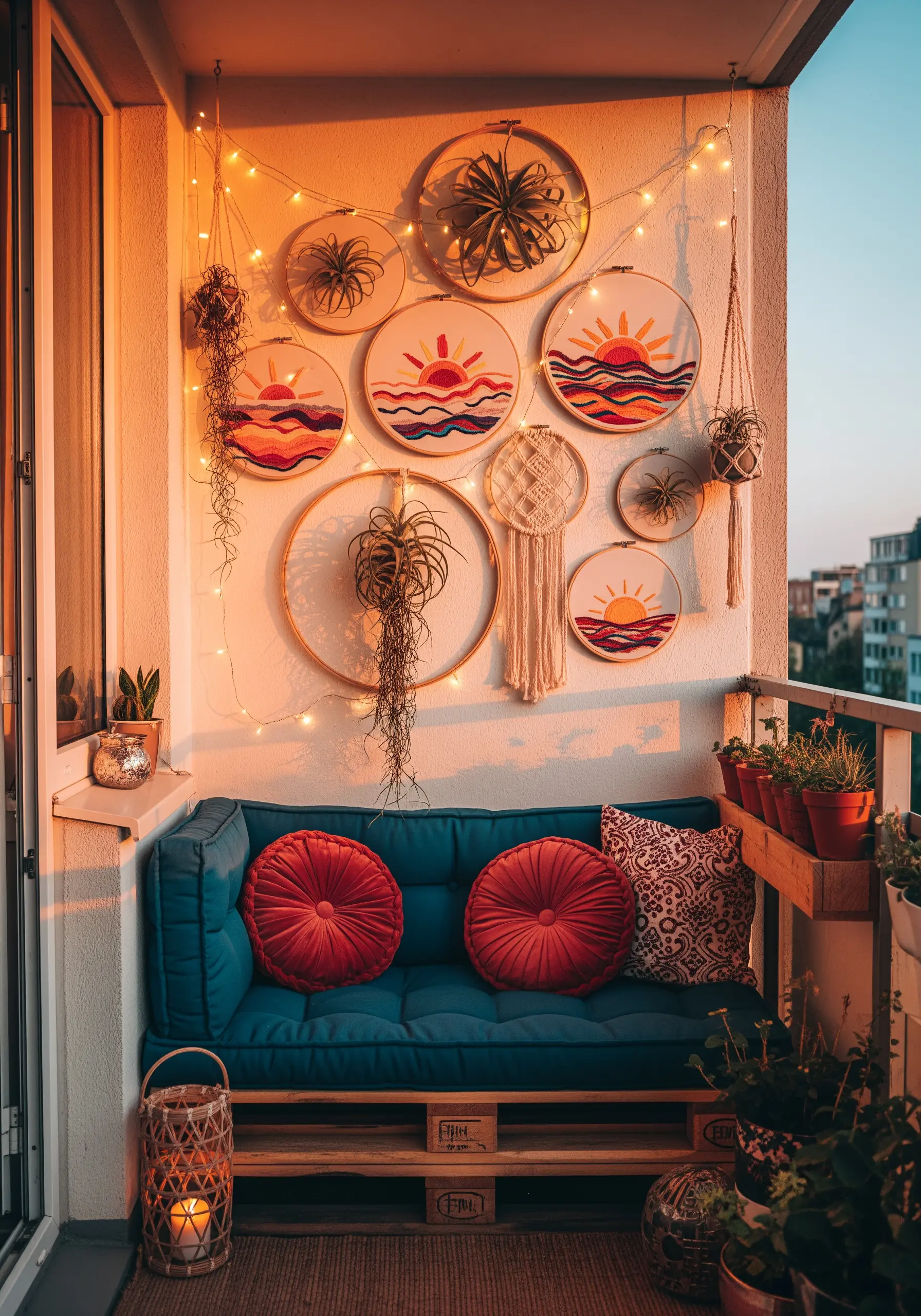 Embroidered sunset hoops with blended colors and satin stitch details.