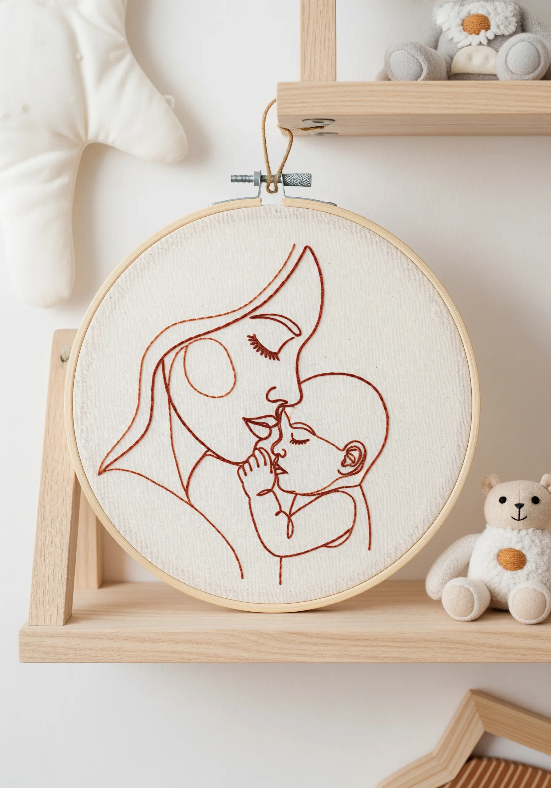 A tender line art embroidery of a mother and child in terracotta-colored thread.