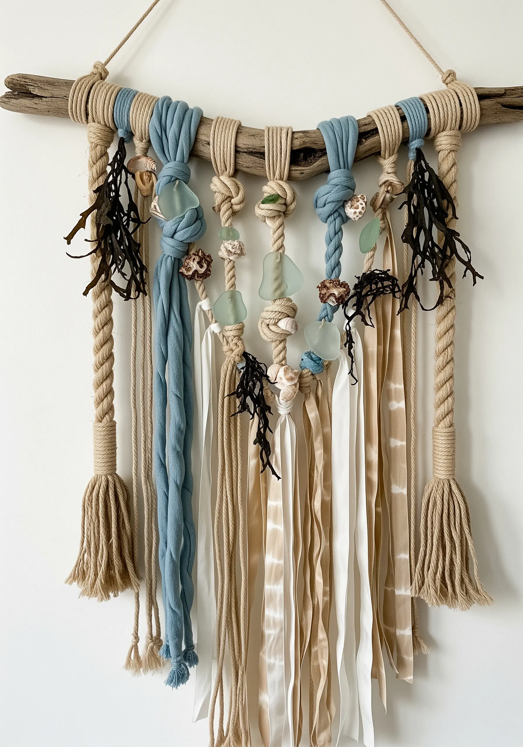 A coastal-themed wall hanging on driftwood with rope, sea glass, shells, and dried seaweed.