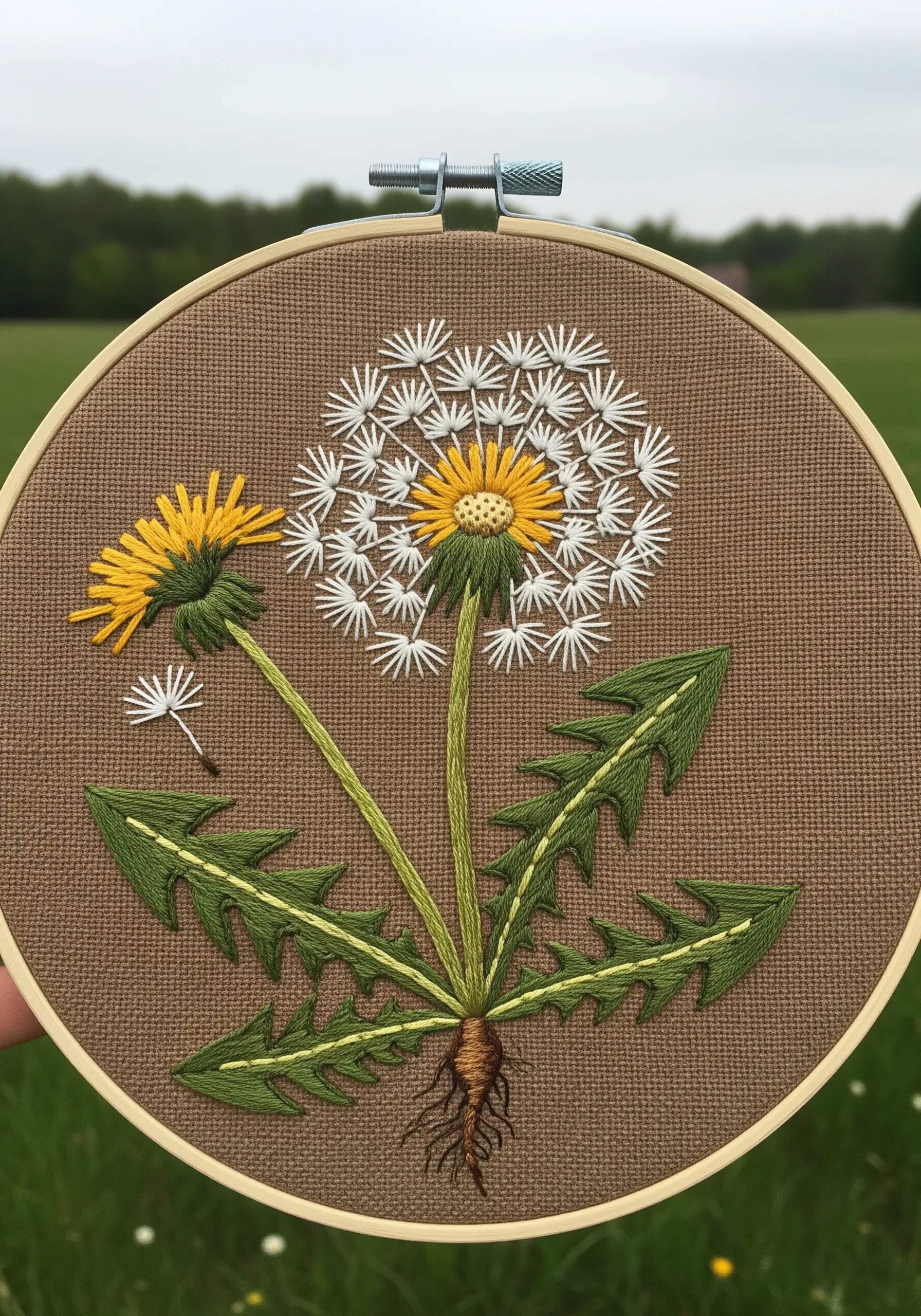 Embroidery of a dandelion in flower and seed head stage on brown fabric.