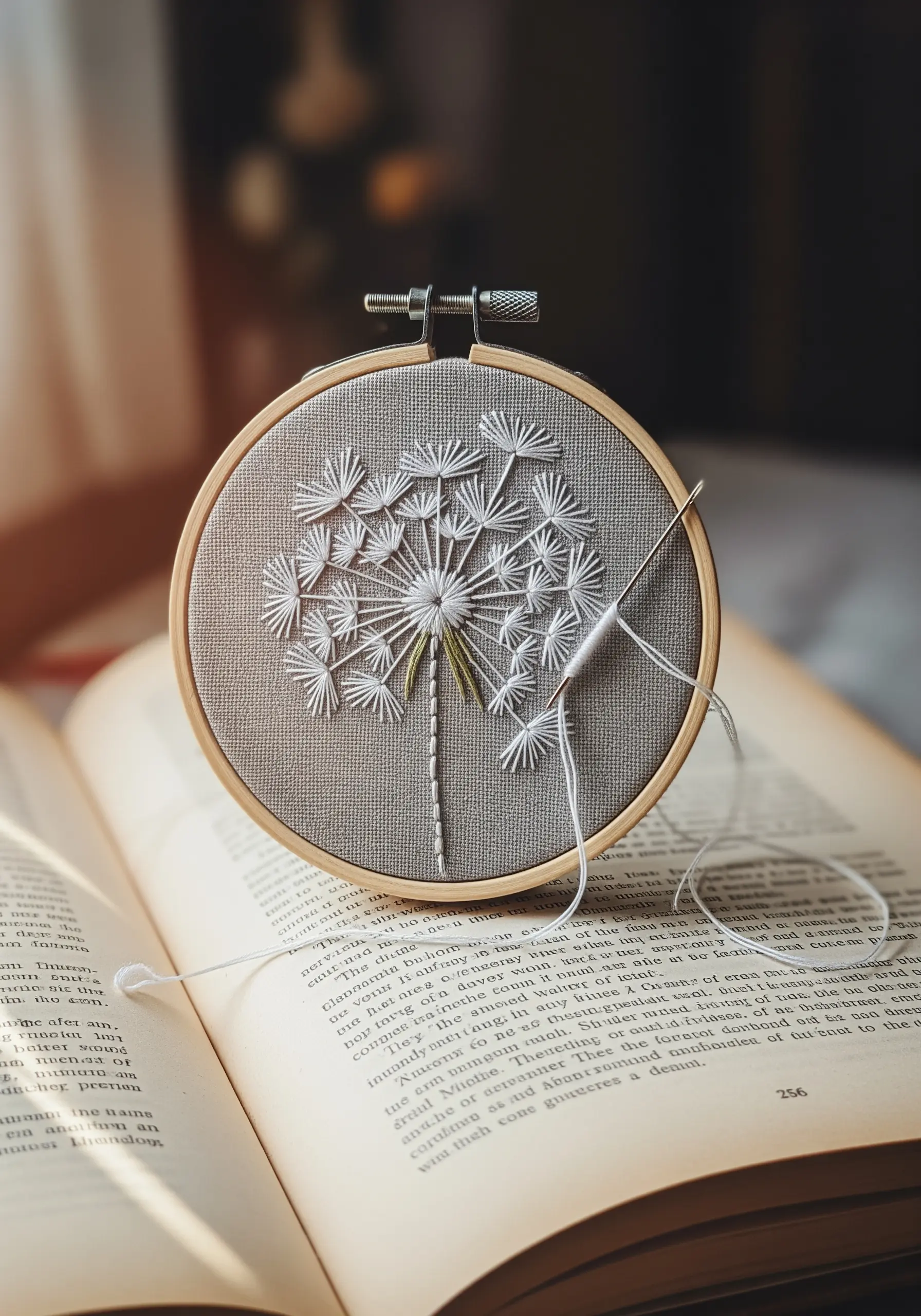 A delicate white dandelion embroidered on grey fabric in a hoop.