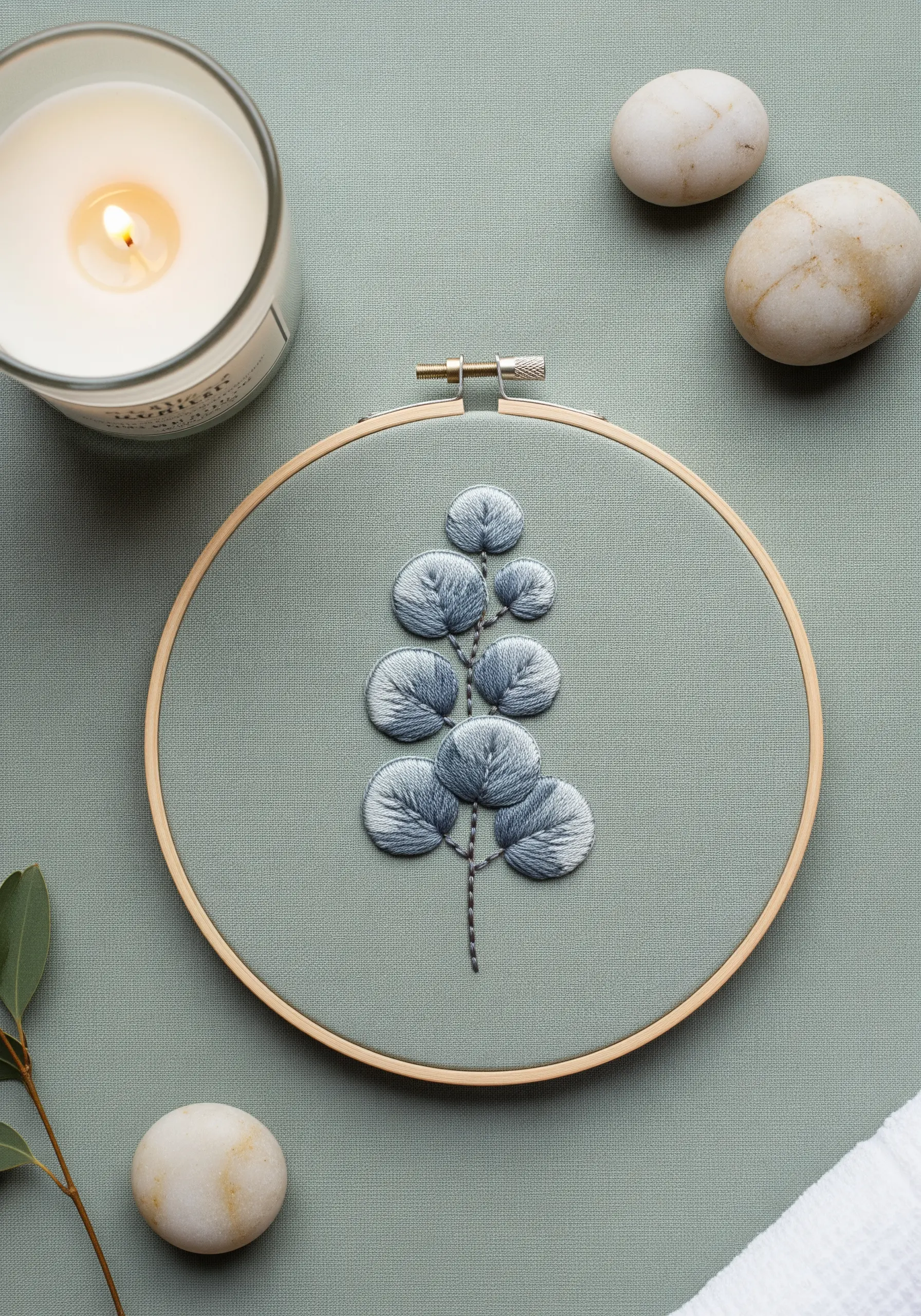 A sprig of eucalyptus with silvery-blue leaves embroidered on sage green fabric