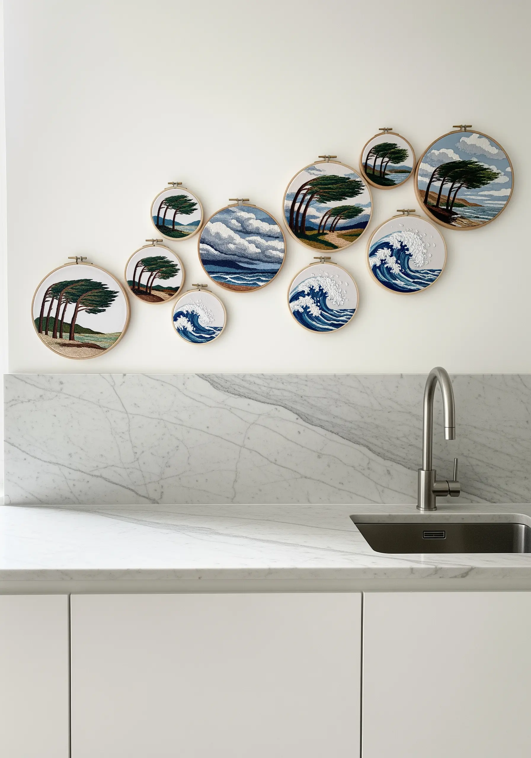 A collection of embroidery hoops showing stormy seas, windy trees, and dramatic waves.