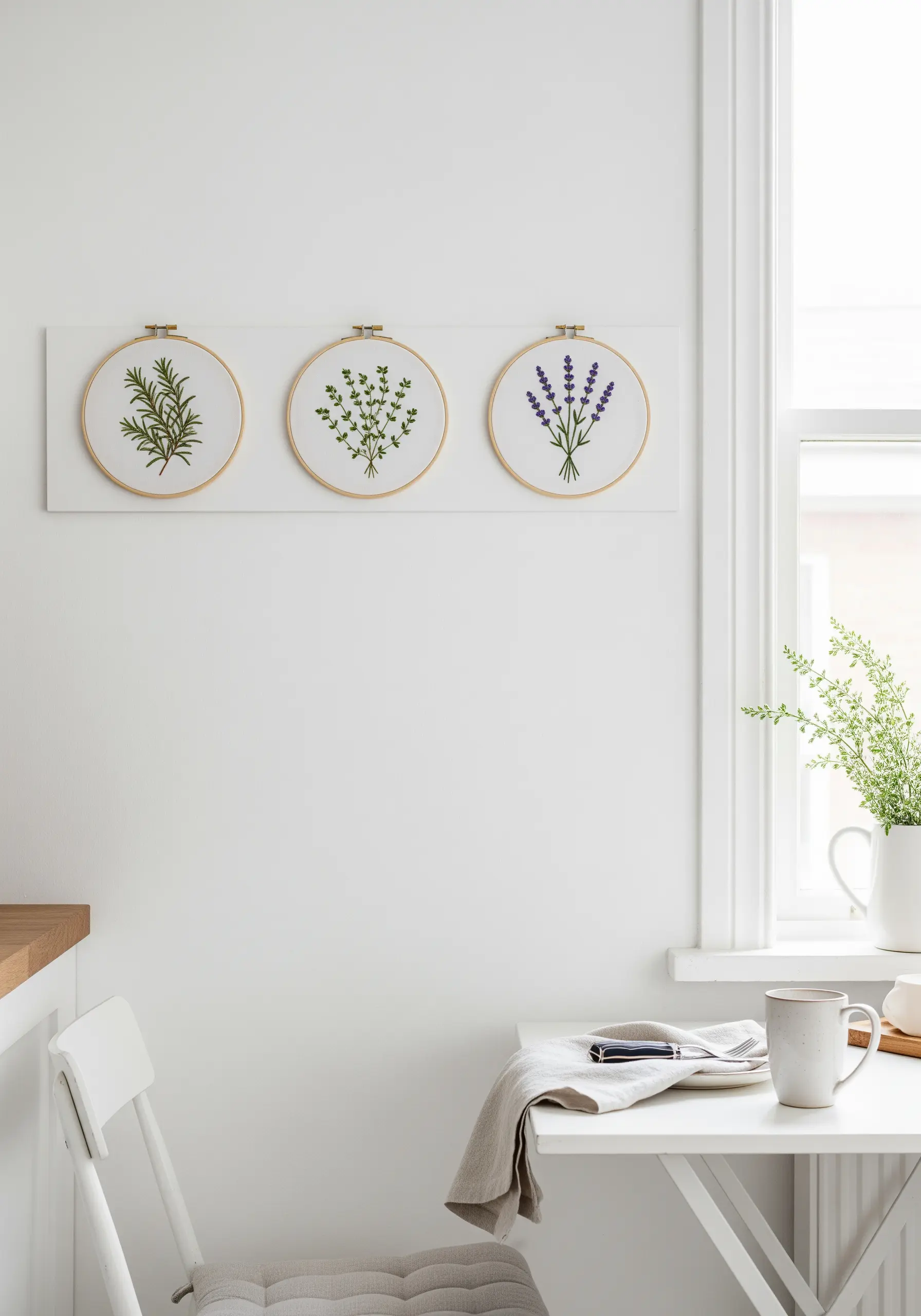 Three embroidery hoops displayed in a row, each with a different herb: rosemary, thyme, and lavender.