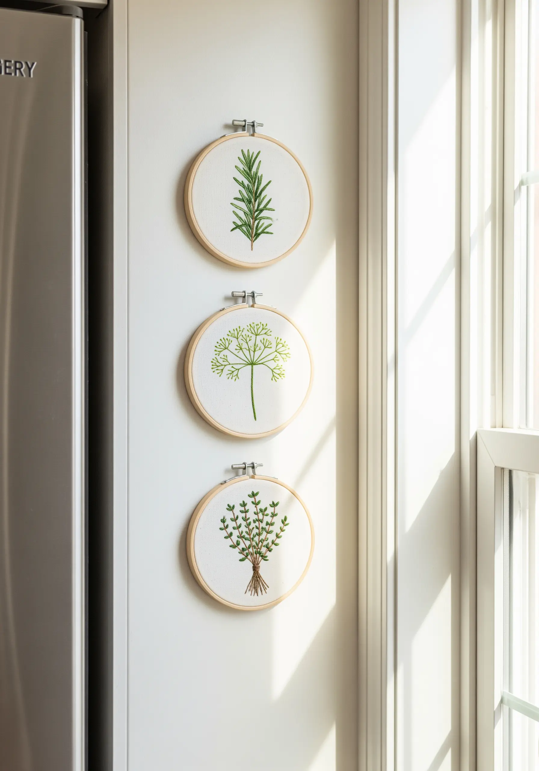 A vertical display of three hoops with embroidered rosemary, dill, and thyme on a white wall.