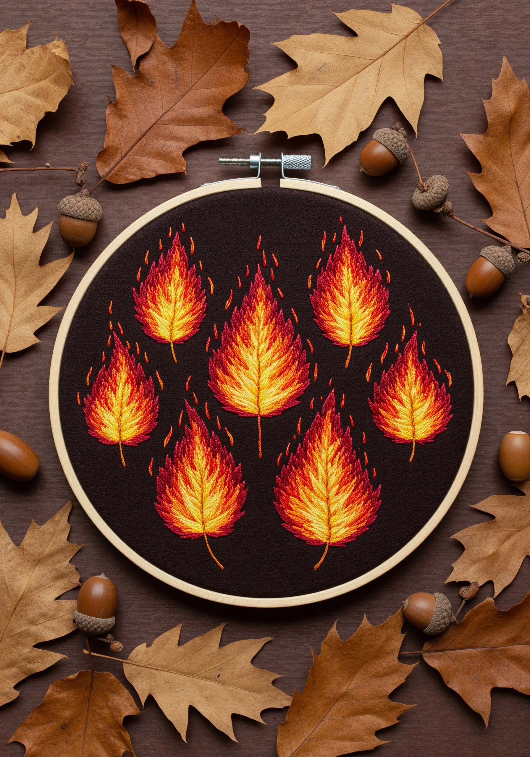 Embroidered autumn leaves with a fiery red, orange, and yellow gradient effect.