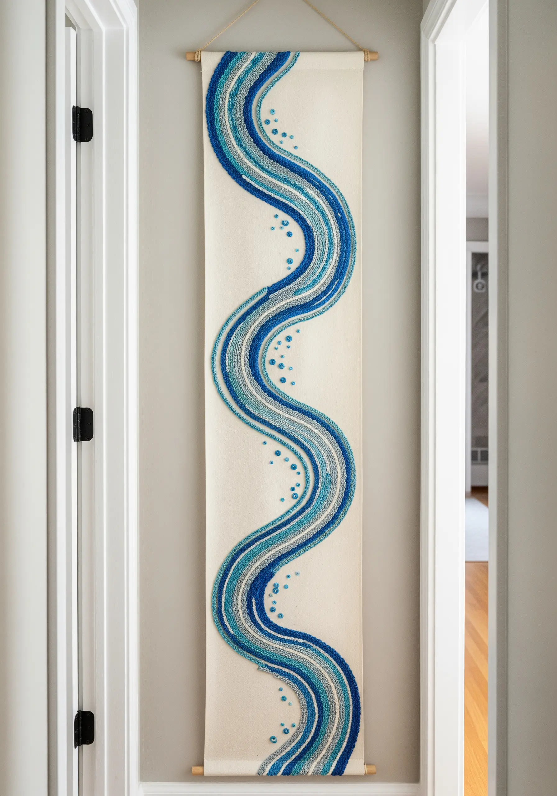 A long, narrow wall hanging with an abstract, winding river embroidered in shades of blue.