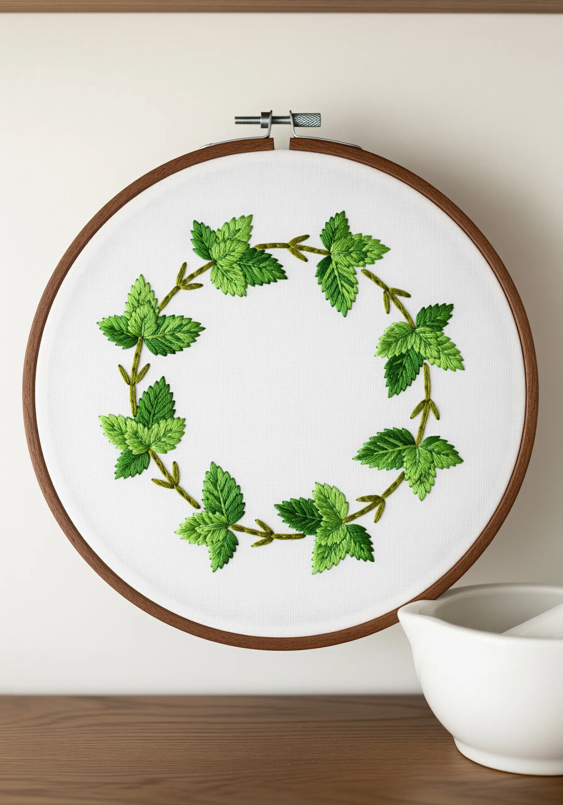 A circular wreath of embroidered green mint leaves stitched with visible veining in a wooden hoop.