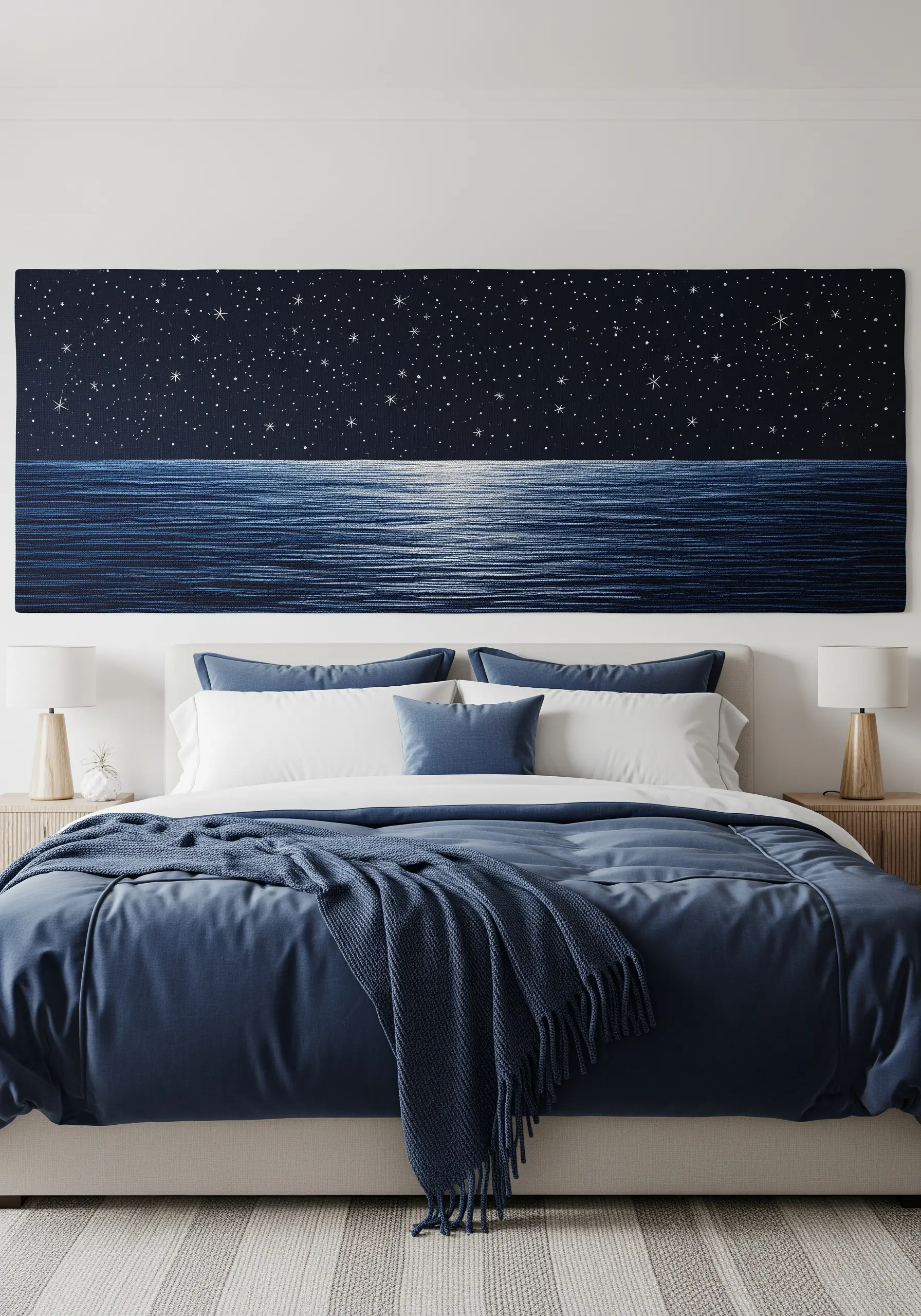 A wide, panoramic embroidered tapestry of a starry night sky over a calm sea