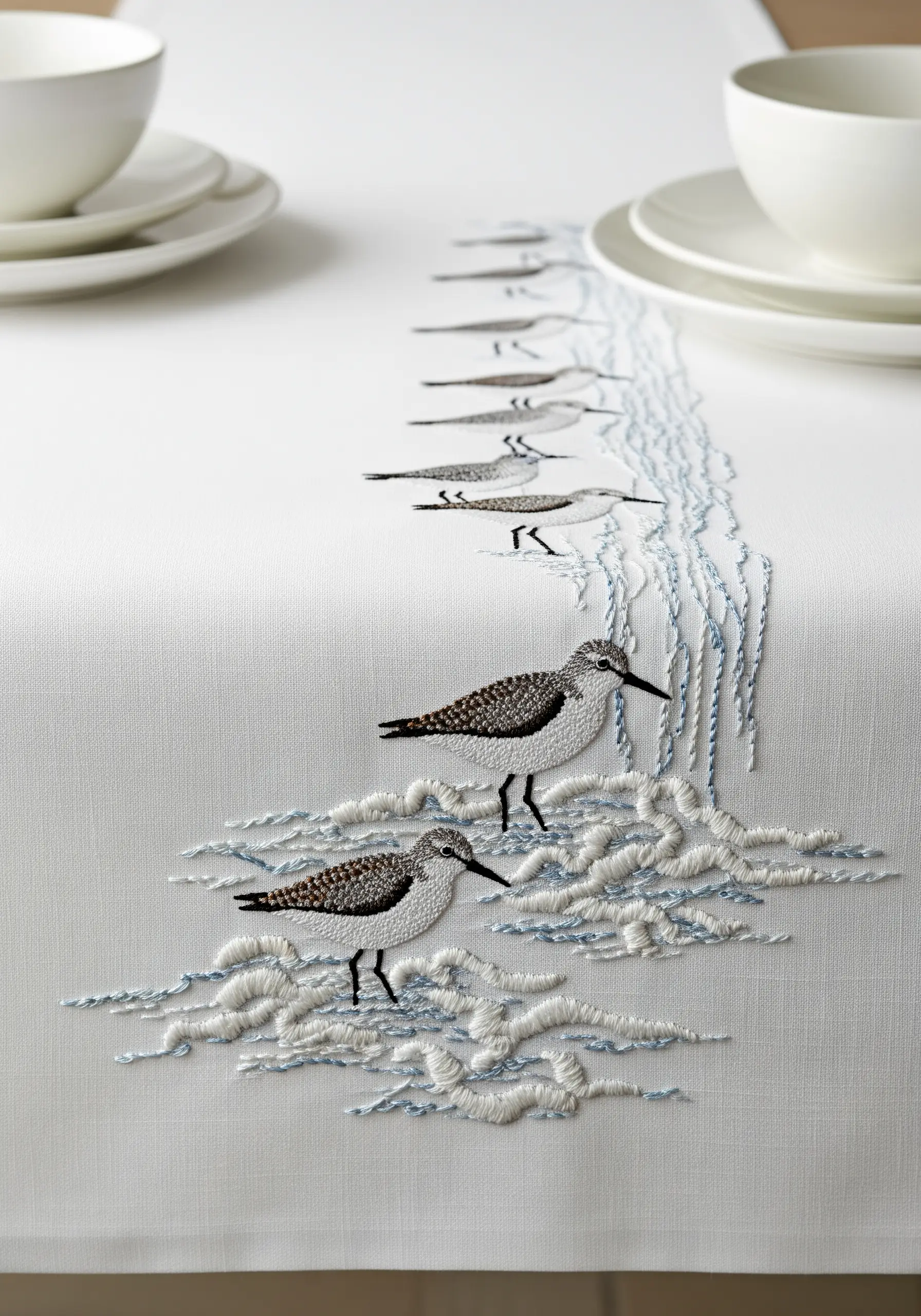 Sandpipers on a table runner with abstract, textural embroidery for the seafoam.