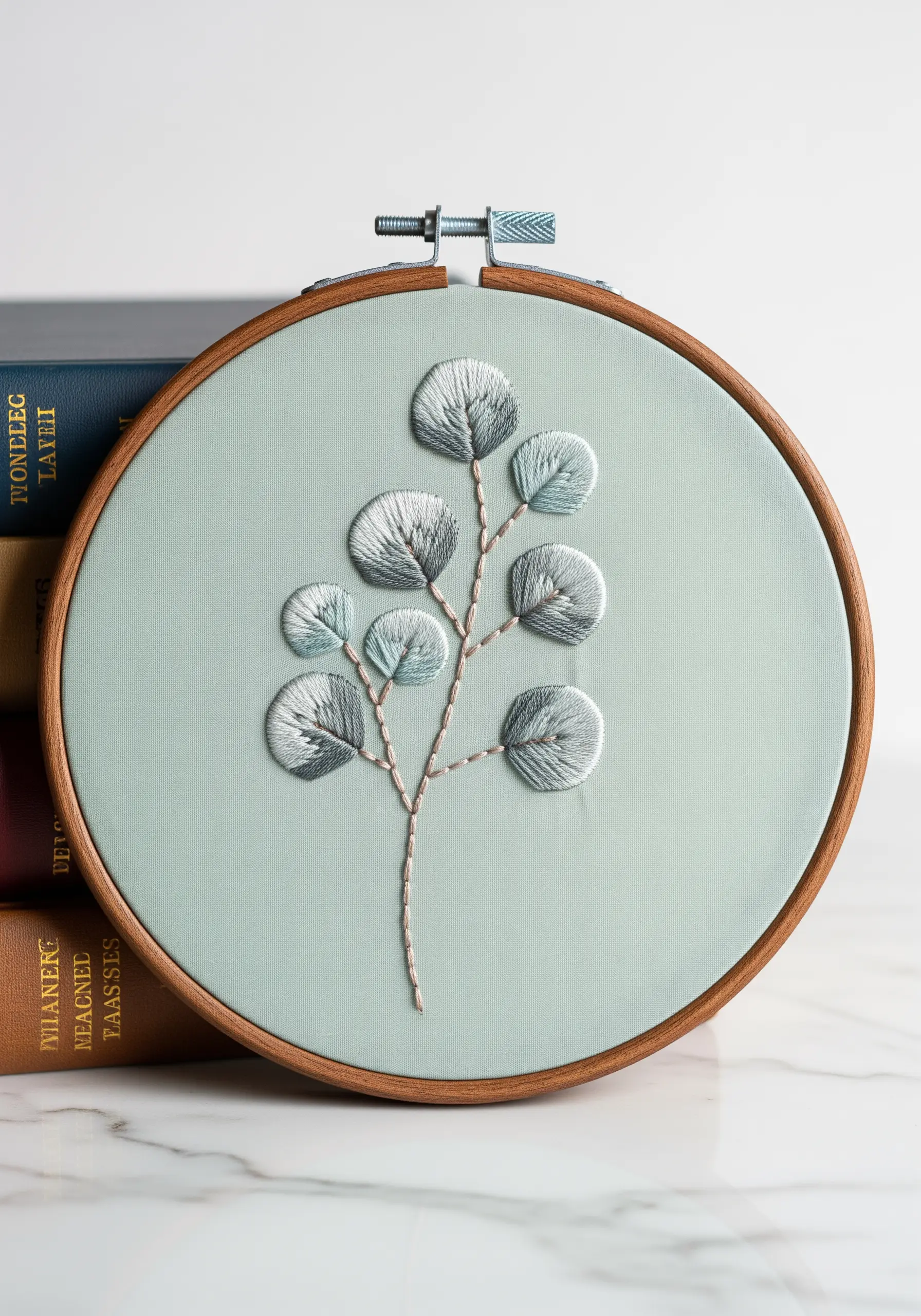 Delicate eucalyptus branch embroidered in muted grey-green and blue tones on pale fabric.