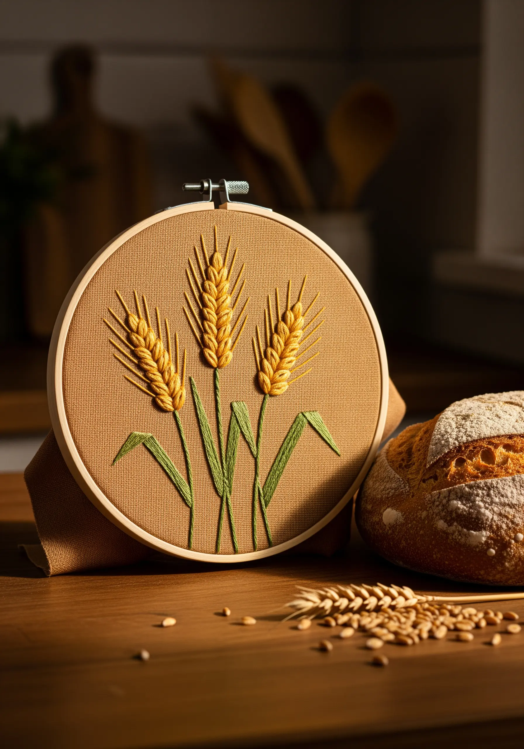 Three stalks of golden wheat embroidered on a tan fabric hoop