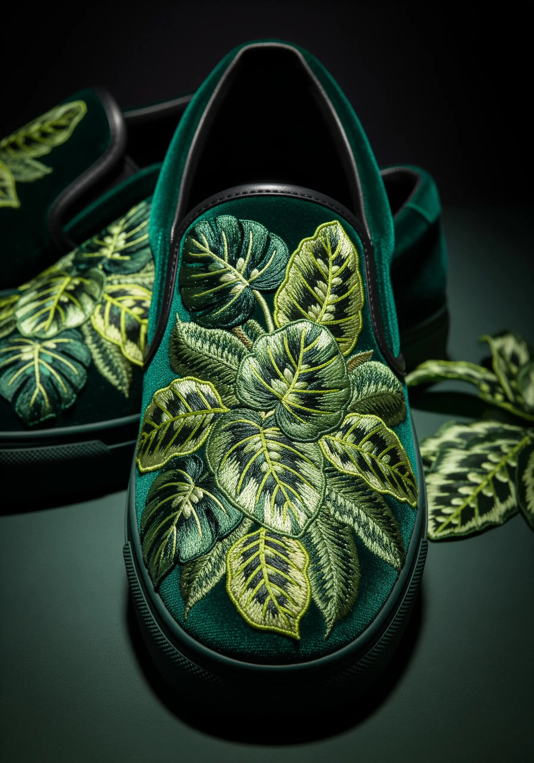 Intricately embroidered Calathea prayer plant leaves on a pair of dark green velvet slip-ons.