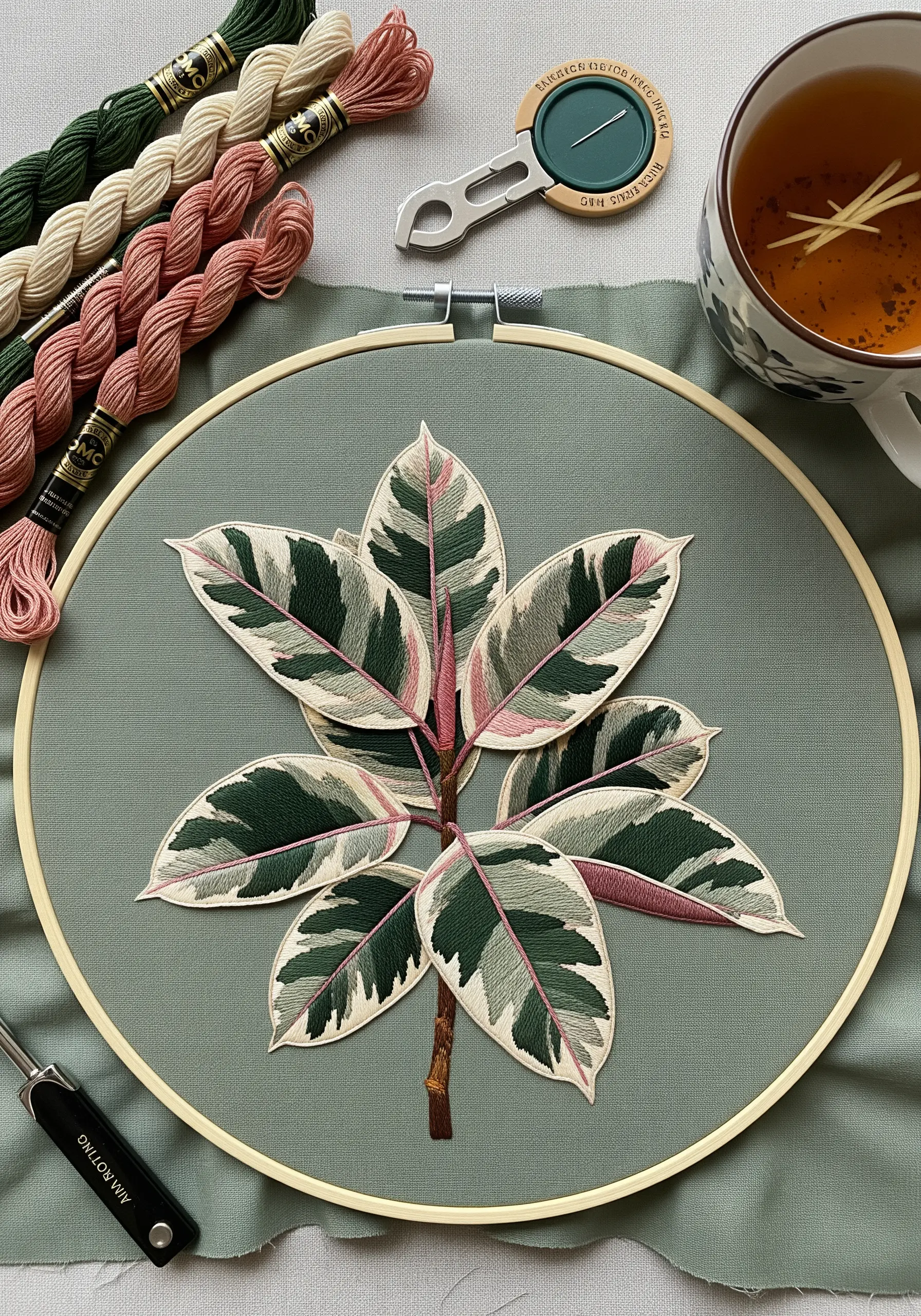 Thread-painted variegated rubber plant with pink, cream, and green leaves in a hoop.