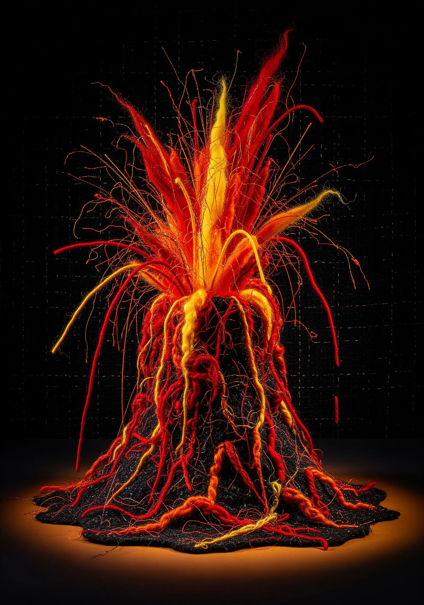 A 3D embroidered volcano erupting with frayed red, orange, and yellow yarn against a black background.