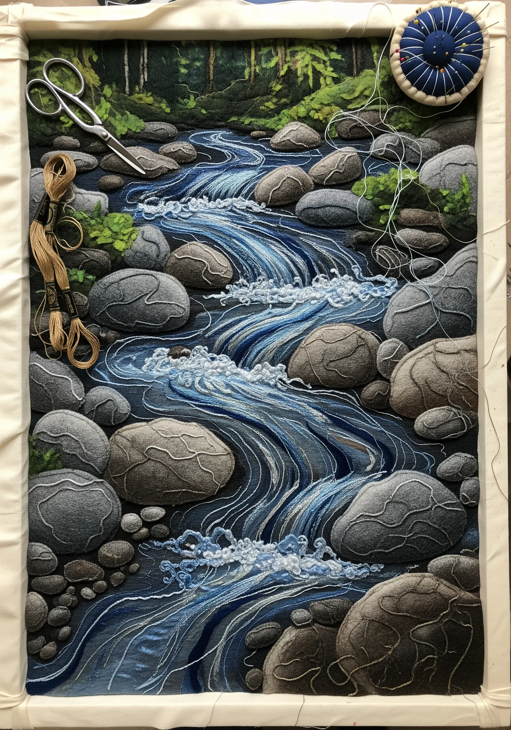 An in-progress embroidery tapestry of a rocky river with flowing water and foam.
