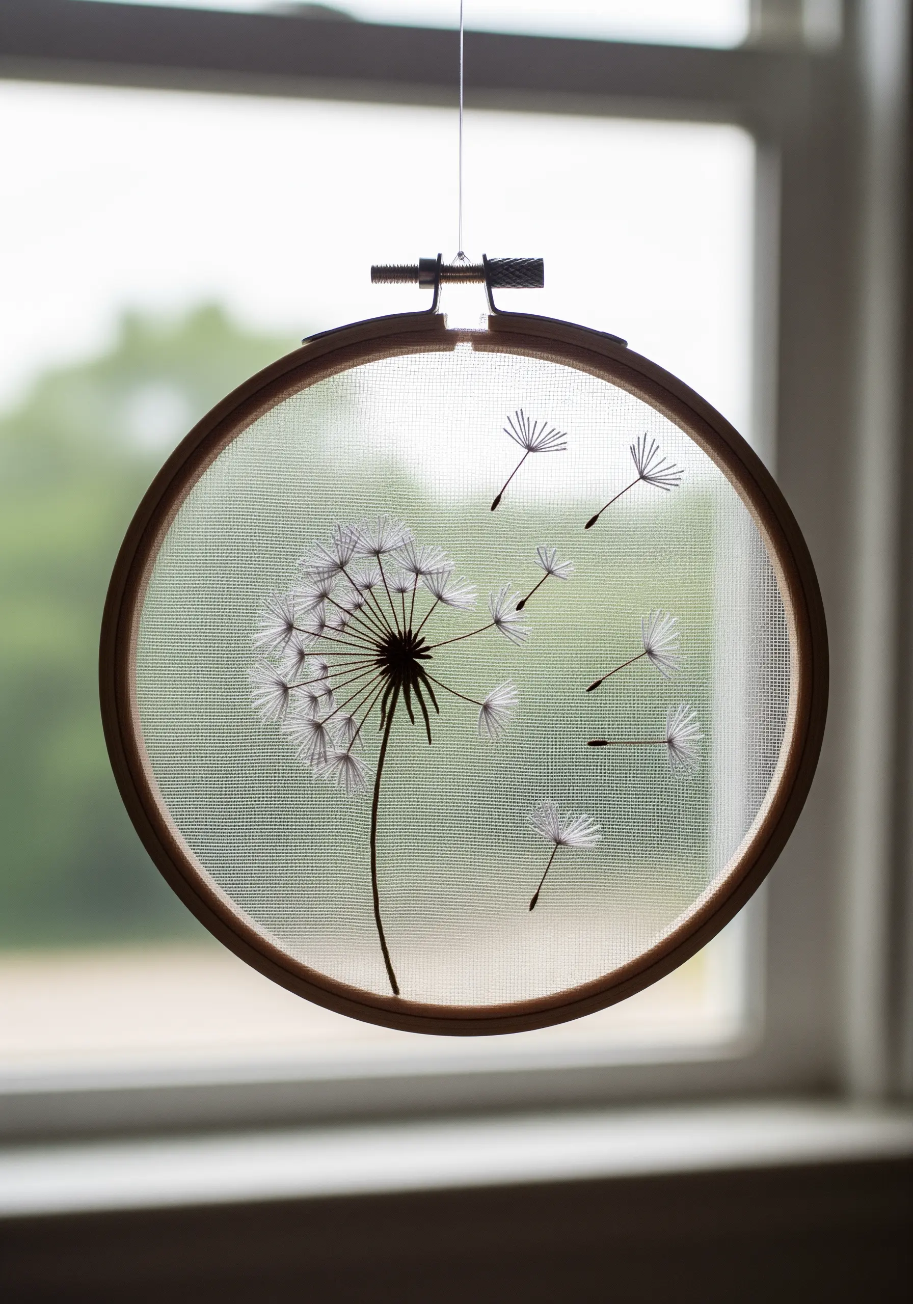 Embroidery of a dandelion blowing in the wind, stitched on sheer tulle inside a hoop