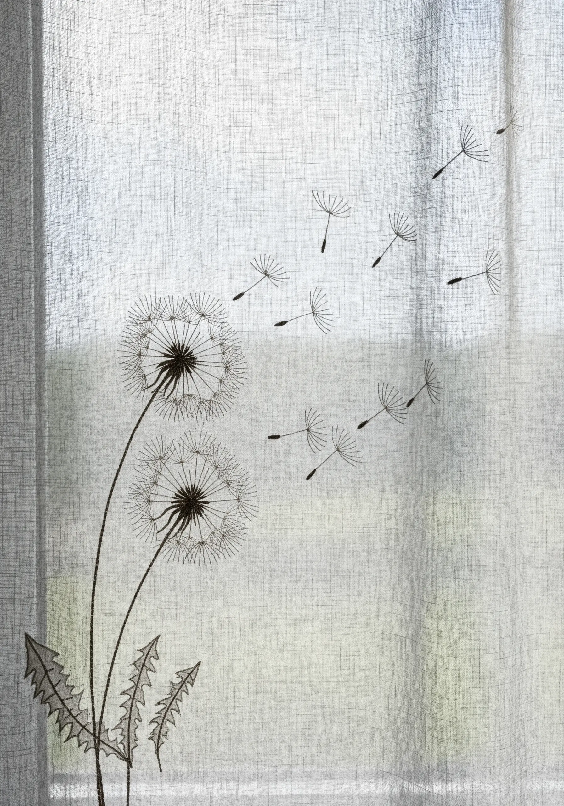 A sheer white curtain embroidered with a delicate dandelion and seeds blowing in the wind.