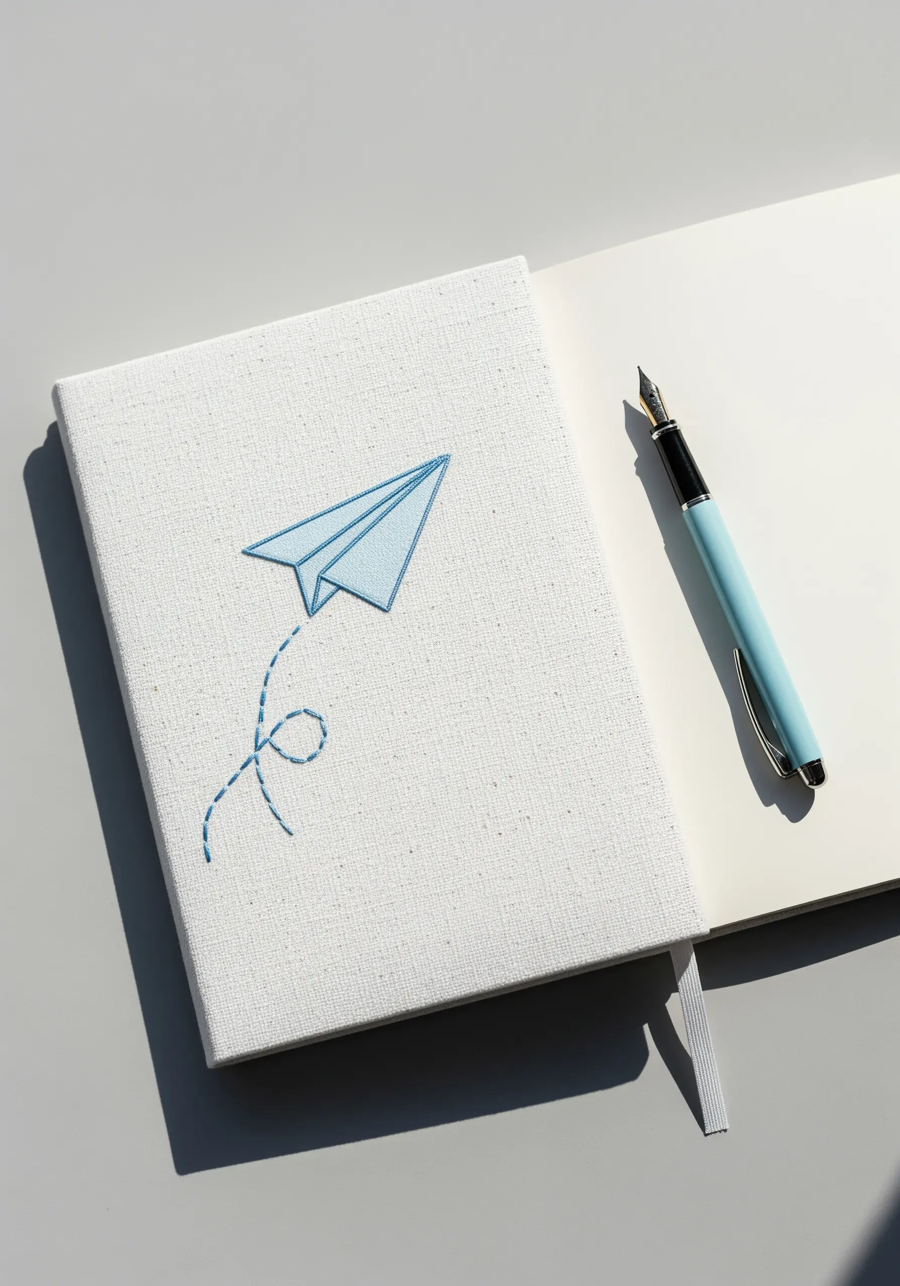 A simple line-art paper airplane with a looping trail embroidered on a white notebook.