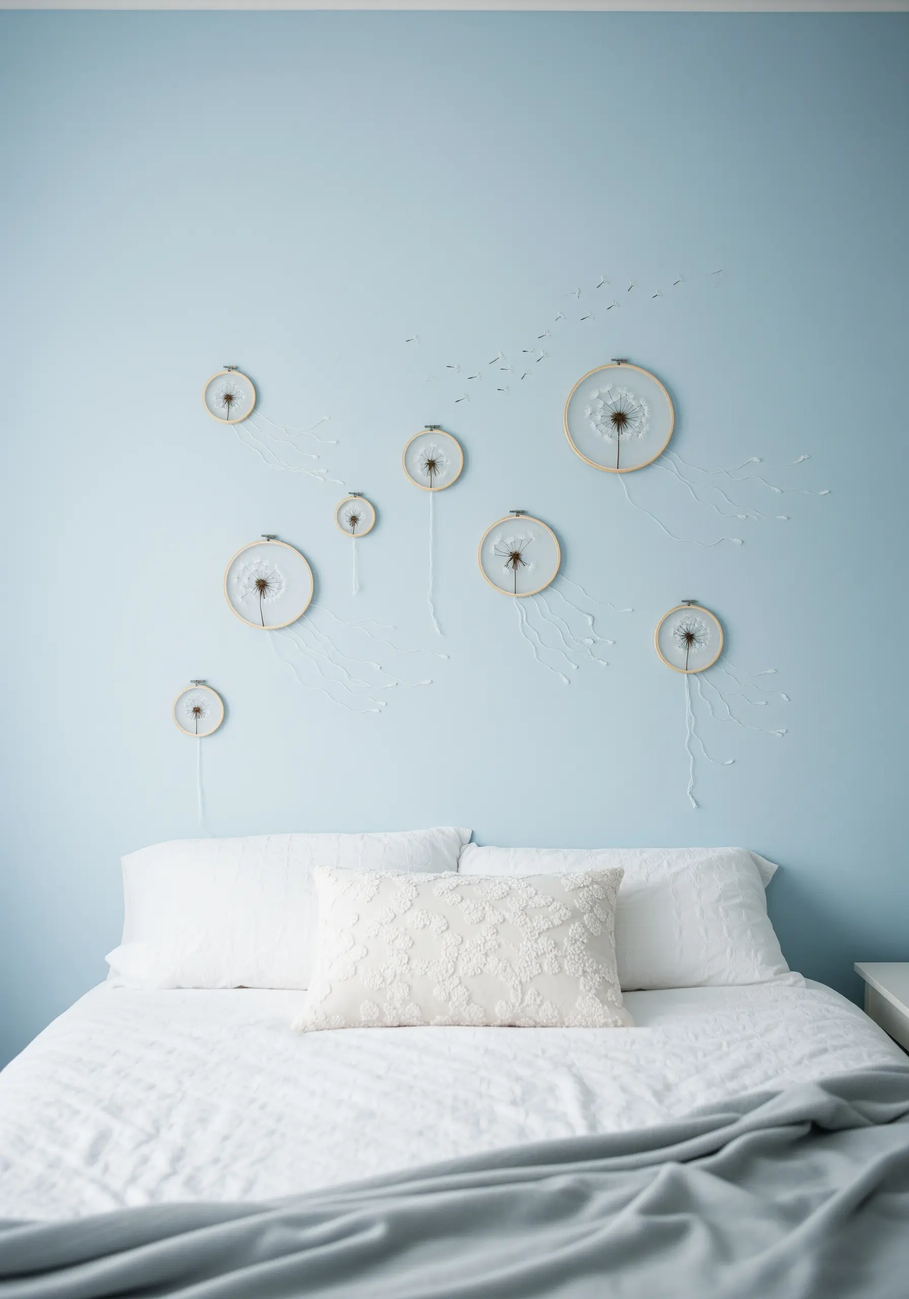 A wall installation of embroidered dandelions on sheer fabric, with 'seeds' floating across the blue wall.