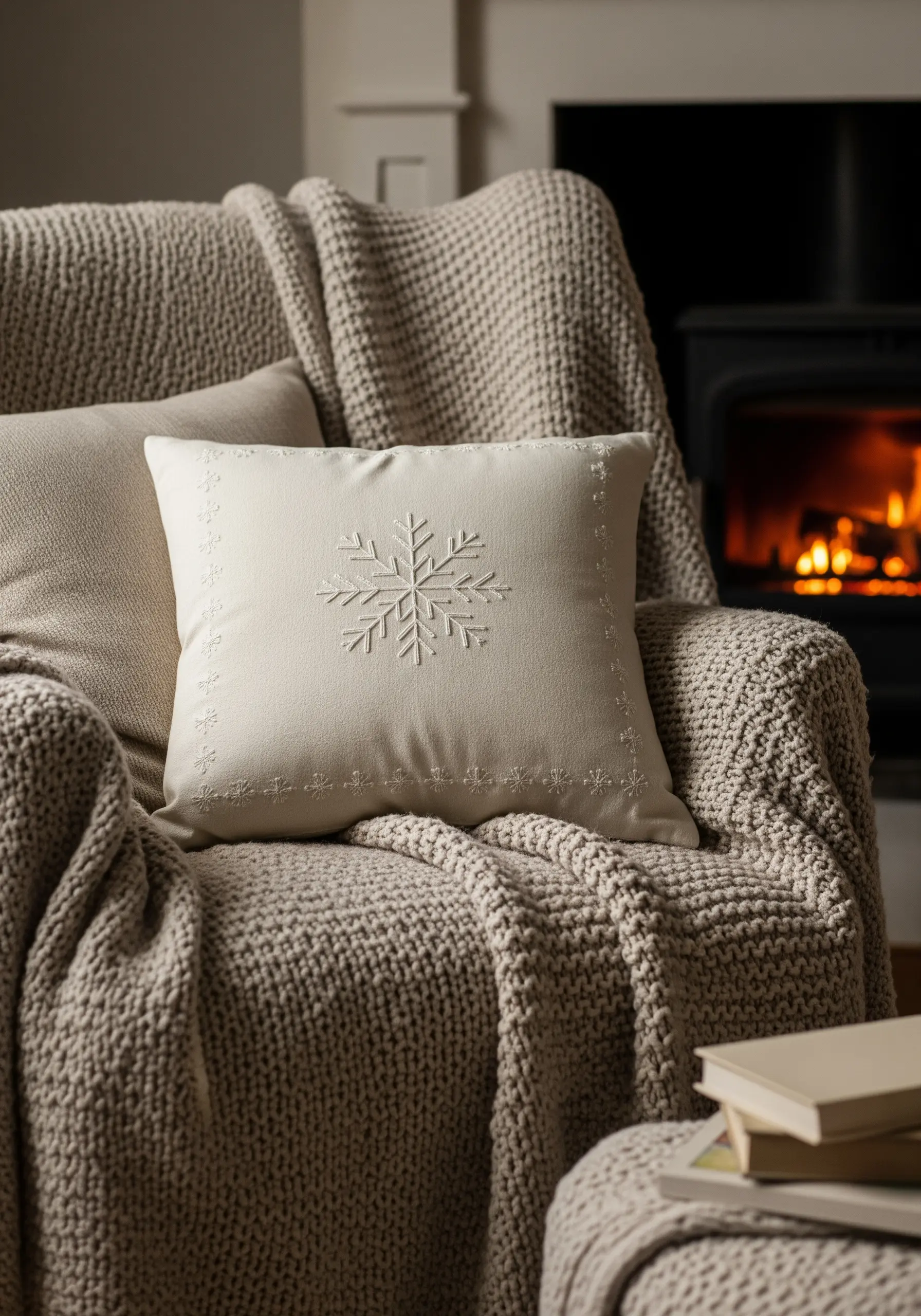 A single white embroidered snowflake on a beige cushion in a cozy setting.