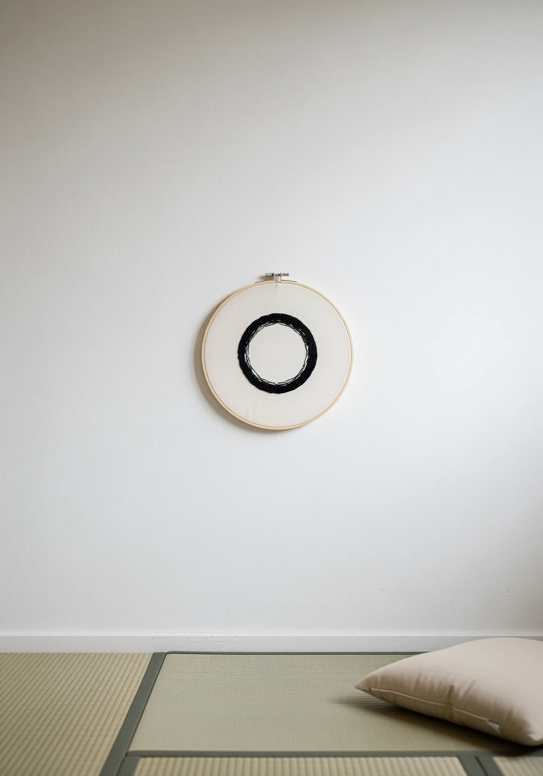 A single embroidery hoop on a white wall with a black, calligraphic Enso circle stitched inside.