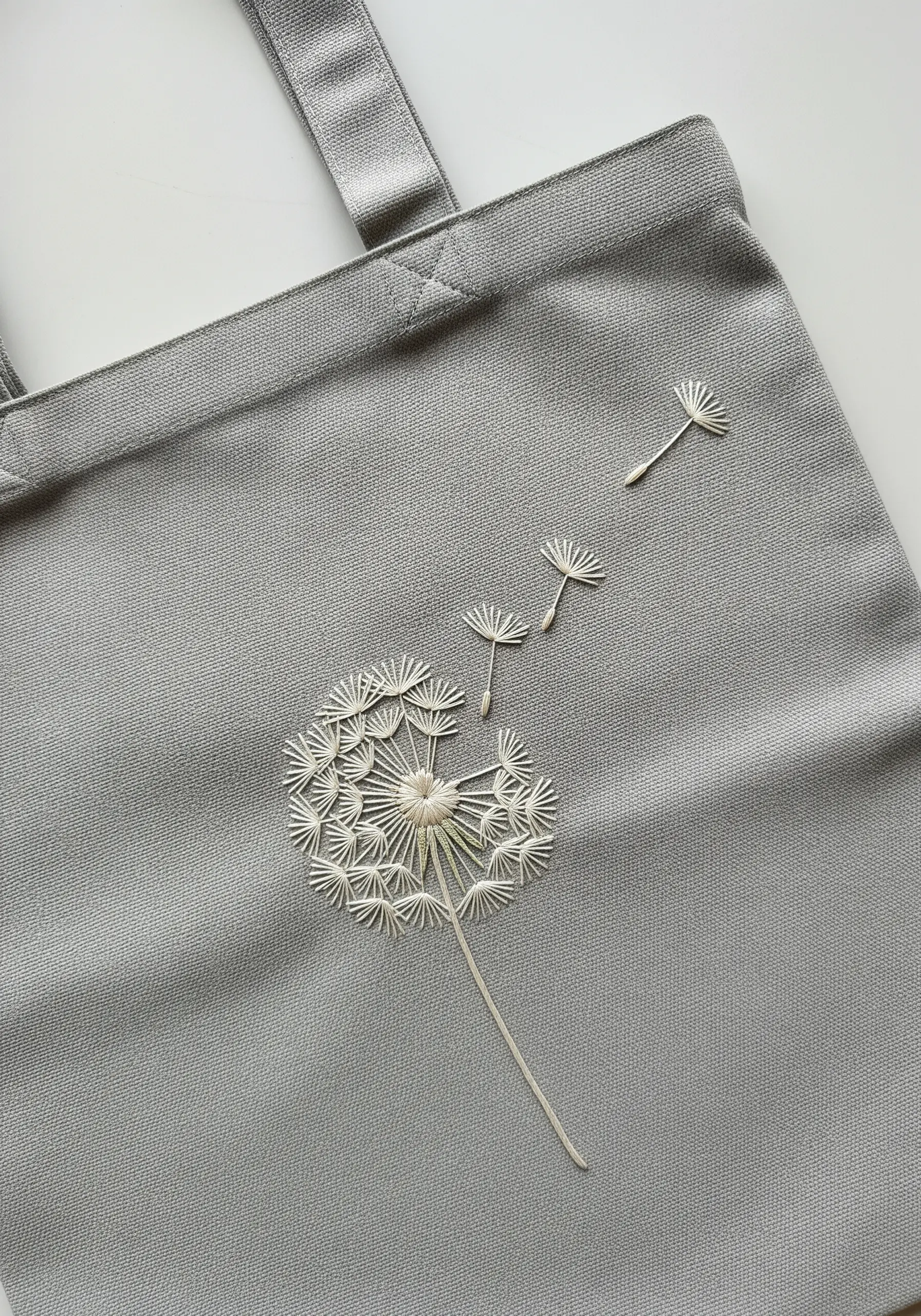 Dandelion head with seeds blowing away, embroidered in white thread on a grey bag.