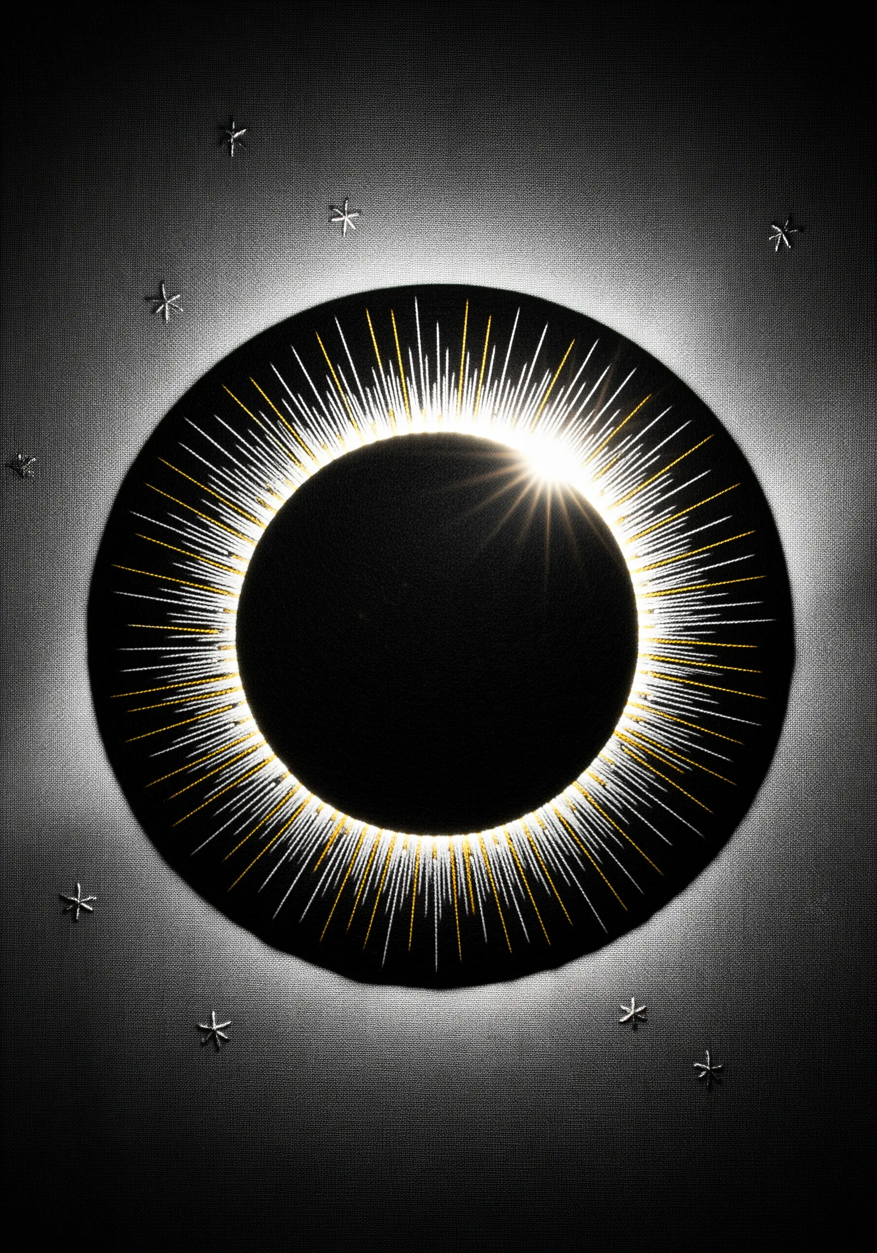 An embroidered solar eclipse with a black fabric center and a metallic thread corona.
