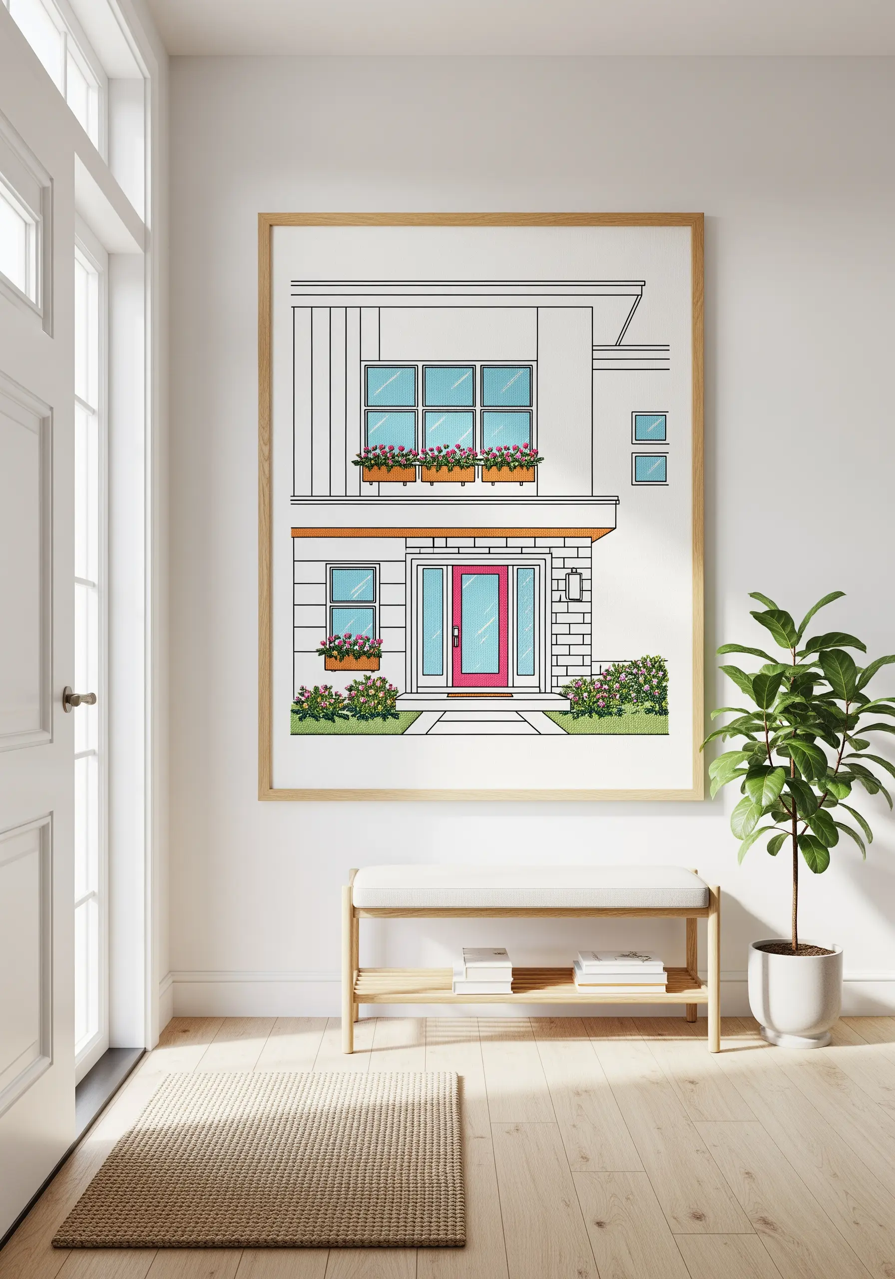 Large framed embroidery of a modern house, created with black line work and color accents.