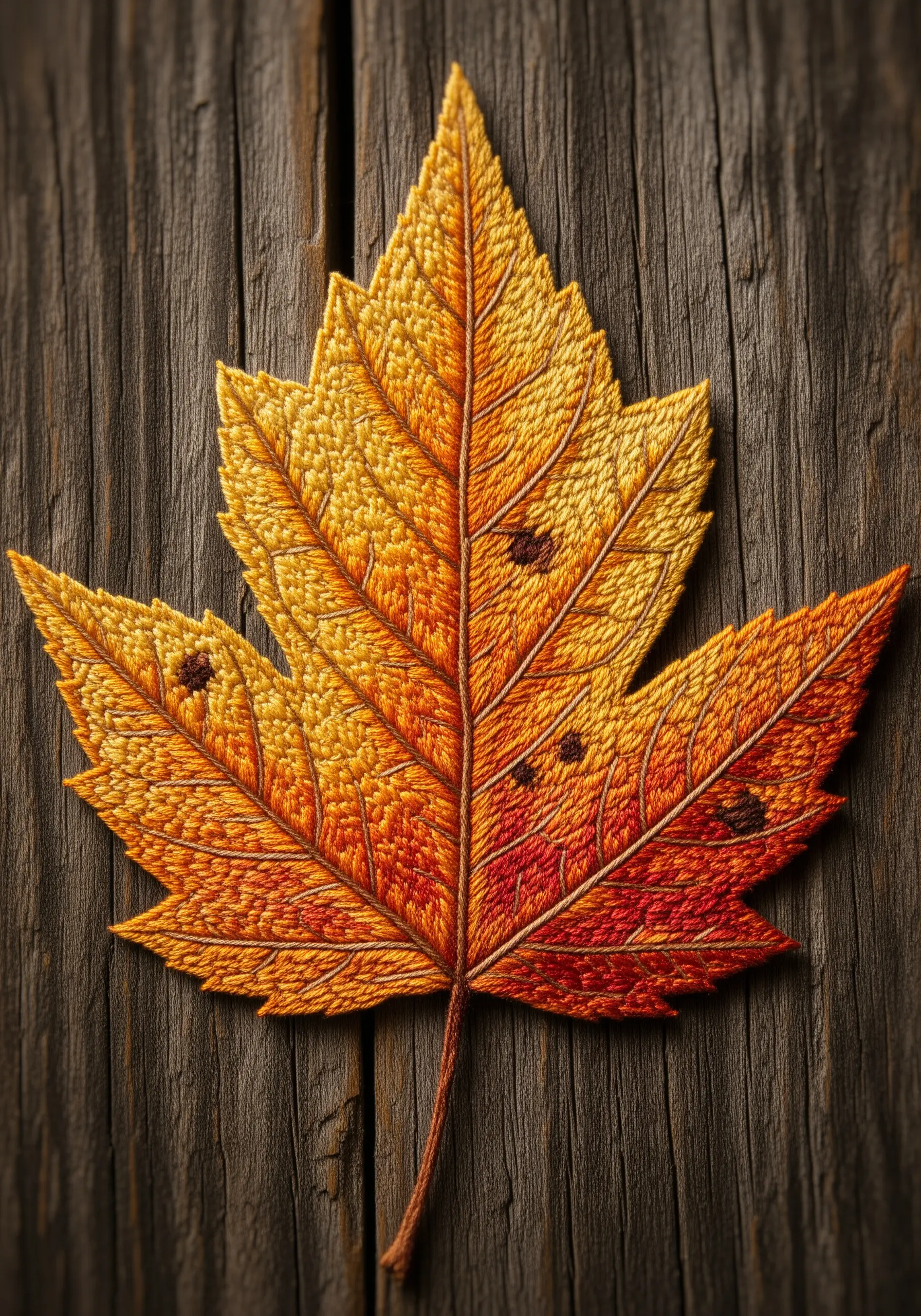 A hyper-realistic embroidered autumn maple leaf with a yellow-to-red color gradient.